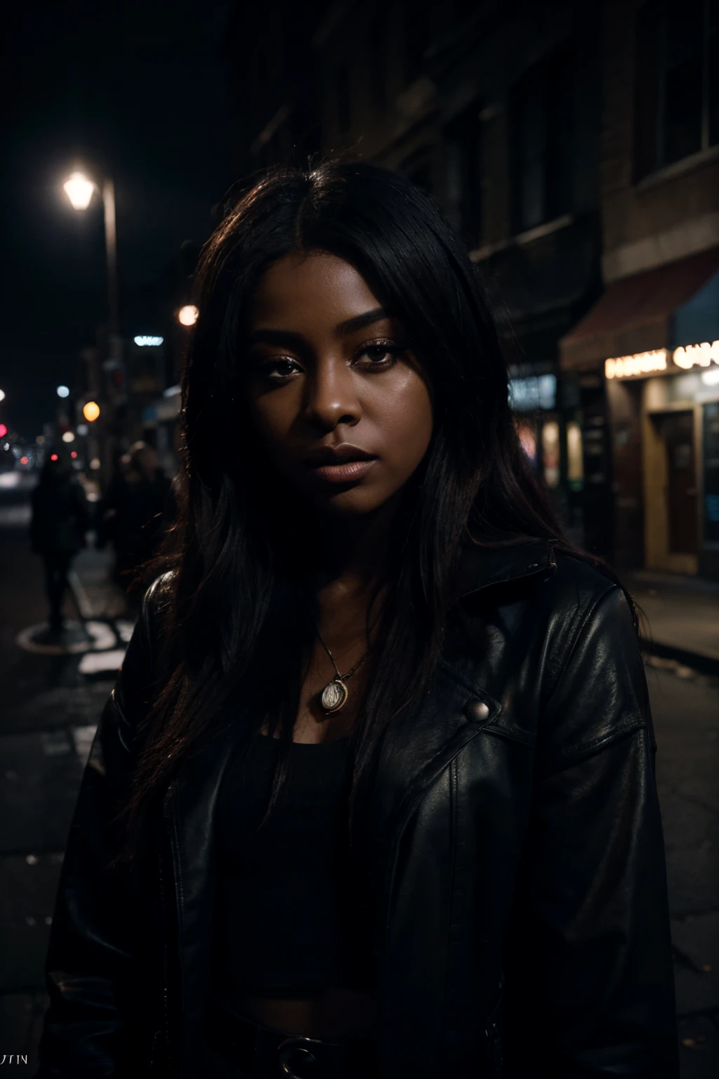 singer justine skye with silky straight hair, wearing a fur coat, on a dark street in the Bronx at night, dramatic streetlight, 8k, cinematic photography, matte finish, shot on arri anamorphic, extreme wide shot, smooth, sharp focus, ornate, highly dynamic, particulate, hyperreal, wide shot, intricate, sharp focus, fantasy, cinematic lighting, otherworldy, surreal 8k photo, dark moody aesthetic, deep shadows