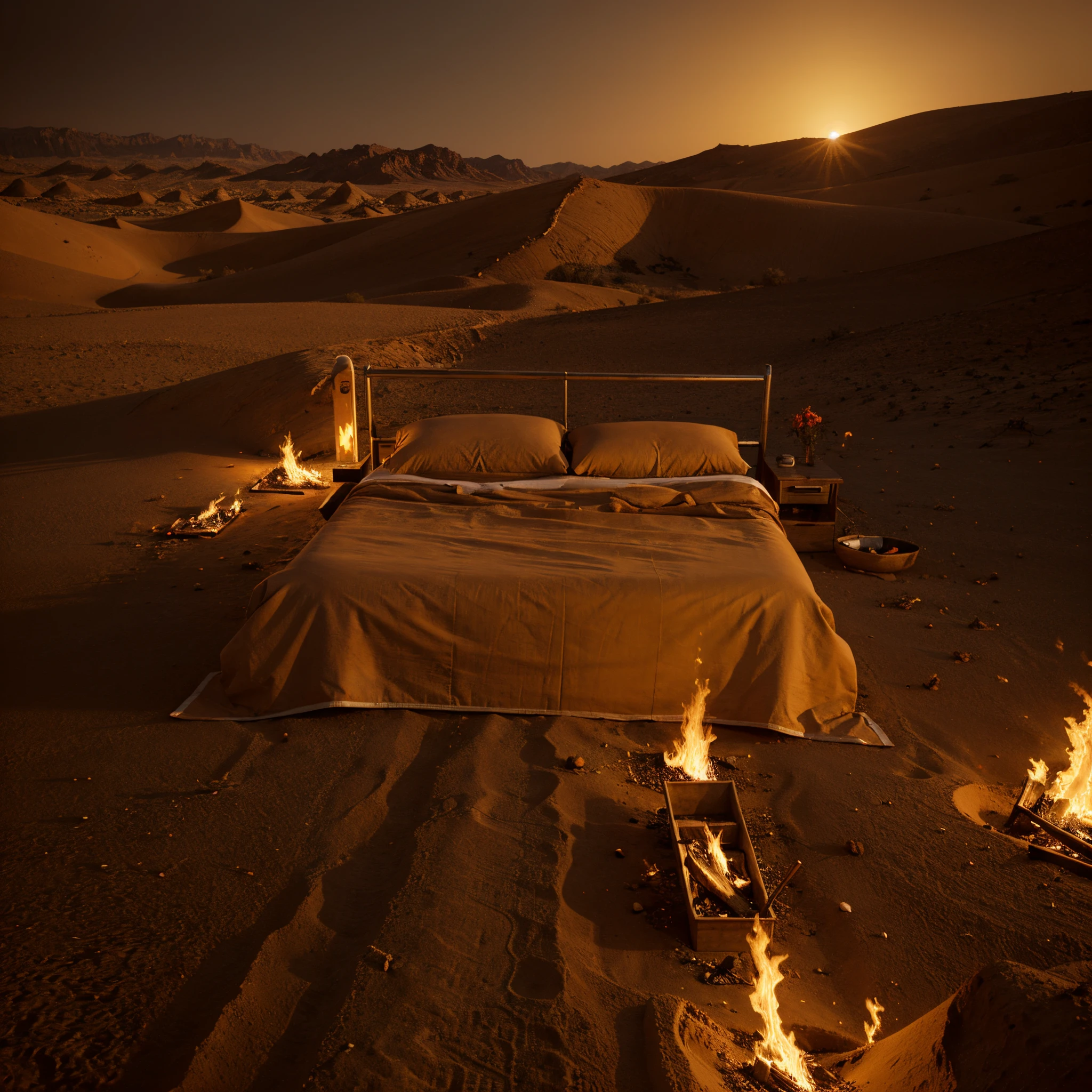 A seductive and sensual scene featuring a woman lying on a bed, dressed in see-through clothing, illuminated by the soft glow of the moonlight. The setting is at night, with a window overlooking a mysterious desert landscape. The woman exudes an air of allure and confidence as she poses on the bed with elegance and grace. The composition emphasizes her enticing silhouette against the backdrop of the moonlit desert. The image captures the mood of sensuality and intrigue, with a focus on the woman's alluring presence. The details of the see-through clothing and the delicate play of light and shadow add to the overall aesthetic.