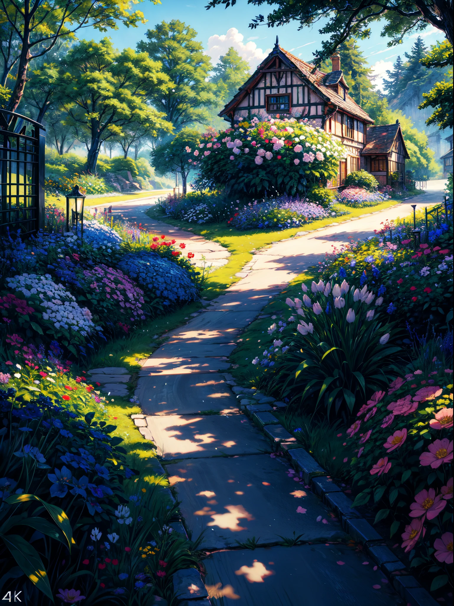 (Photorealsitic)、 A detailed botanical garden:1.5，Best Quality, masterpiecel1.4), (Realistic, Photorealsitic:1.37)Photo of a garden house with flowers and paths, rich picturesque colors, Flower Cottage, Full of color and rich details, beautiful house on a forest path, idyllic cottage, beautiful art uhd 4 k, blossoming path to heaven, scenery art detailed, a beautiful artwork illustration, landscape artwork, detailed painting 4 k