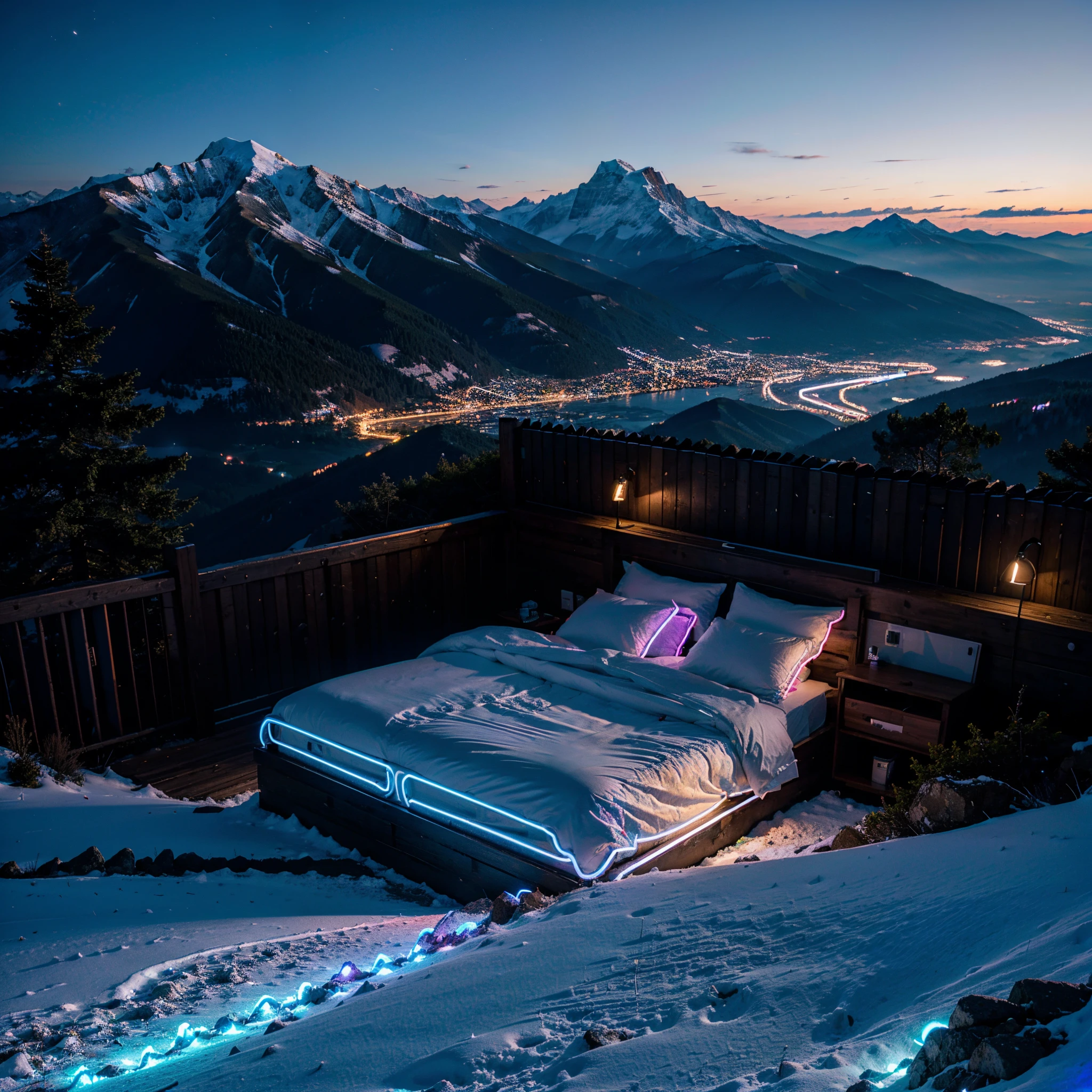 A bed on top of a mountain, looks over the mountain, neon lights, high quality, high detail, 8k