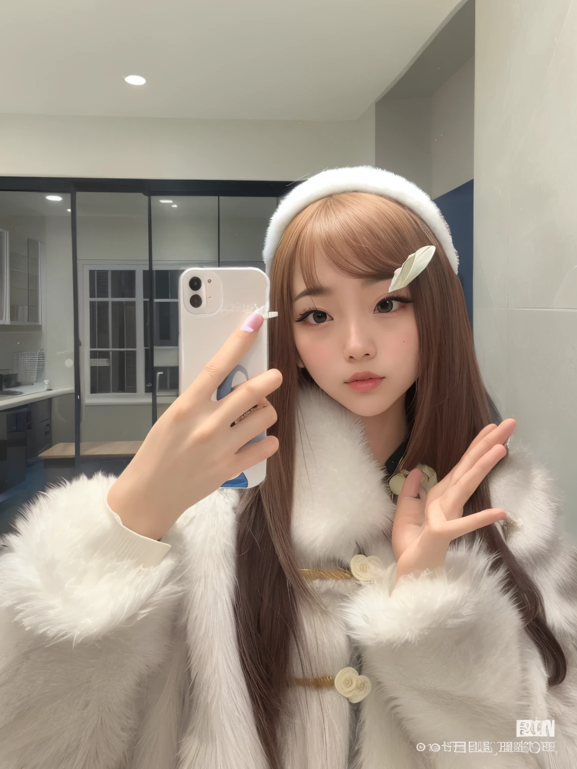 Mulher que tira uma selfie no espelho com um celular, Ulzzang, Lalisa Manobal, branco hime corte penteado, Menina anime na vida real, wan adorable korean face, menina coreana, com cabelos longos, young adorable korean face, com cabelos longos e olhos penetrantes, O corte Hime, Xintong Chen, cabelos longos com franja