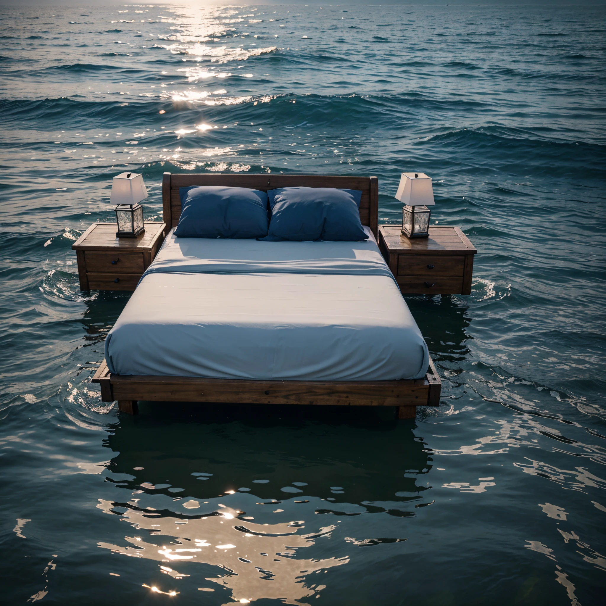 A bed on the water, high quality, high detail, 8k