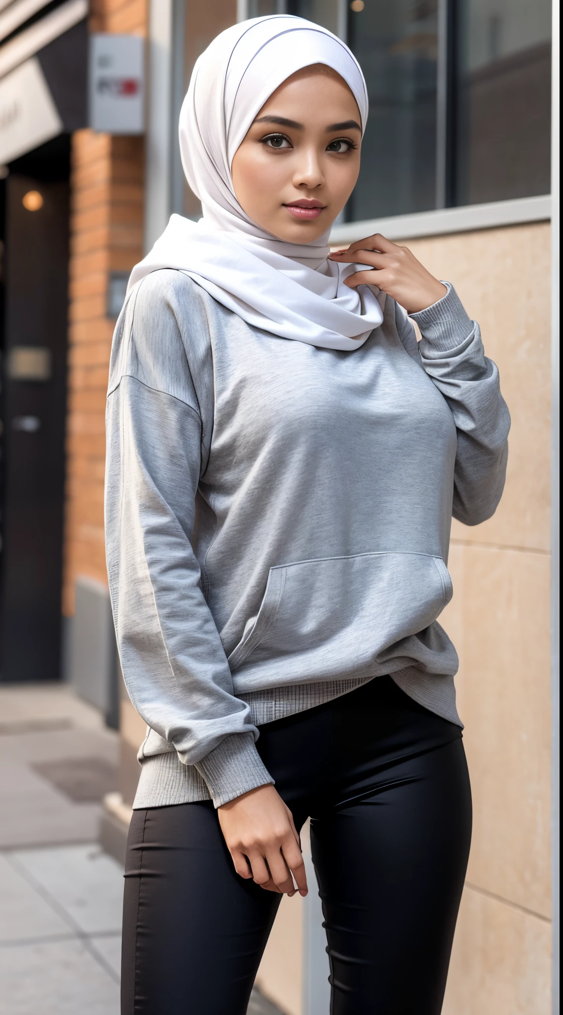 RAW, Best quality, high resolution, masterpiece: 1.3), beautiful Malay woman in hijab,Masterpiece, perfect body, (huge breast), big gorgeous eyes, Soft smile,beautiful face, malay woman wearing a gray sweater and black pants and a black scarf, hijab, wearing casual clothing, with lovely look, wearing casual clothes, women full body, clothes, style, casual clothing style, sporty, casual pose, full body! pretty face, casual modern clothing, girl wearing hoodie, wearing hoodie, white hijab, attractive girl tomboy