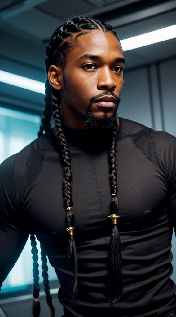 handsome black man with medium length braids flowing back in a sci fi location