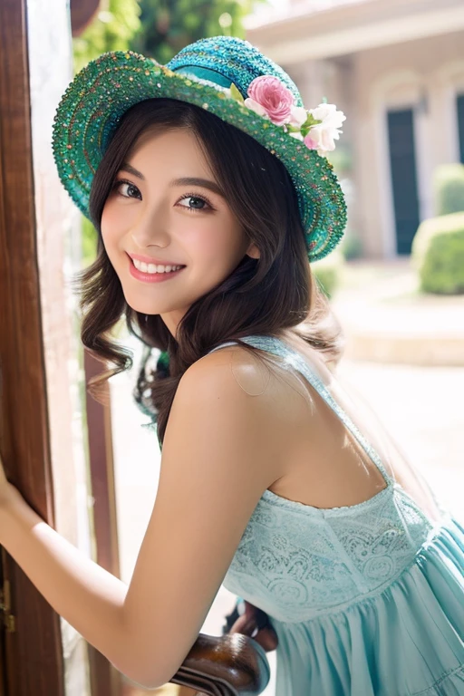 Beautiful woman with good eyes and nose、Beautiful as a model、Cute like a model、Eyes are double、How to use regular mascara、Eye color blue、Hair color pink、Her face is delicate and elegant.、imagem 4k、Beautiful style like a model、Ordinary large、A refreshing and lovely smile、Young woman wearing a Santa costume while decorating a Christmas tree with lights in a bright room on Christmas day.、Santa&#39;s costume is bright and beautiful、外で雪⛄が積もった白銀の雪景色で雪だるまや、Scenery of a snowball fight、Incorporate two types of scenes: inside and outside the house、Pose like a model、Overall portrait、Snapshots、Glamaloid Smile、Beautiful and delicate face like a model、Best Quality、masuter piece、santa&#39;The costume is very cute、Cute smile、