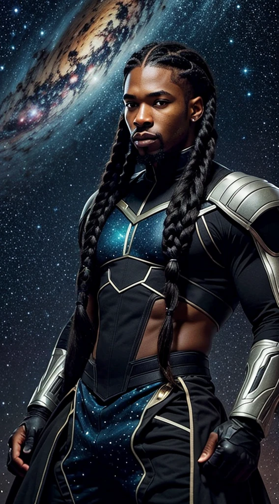 handsome black man with medium length braids flowing back in a sci fi location with the stars and galaxcy behind him