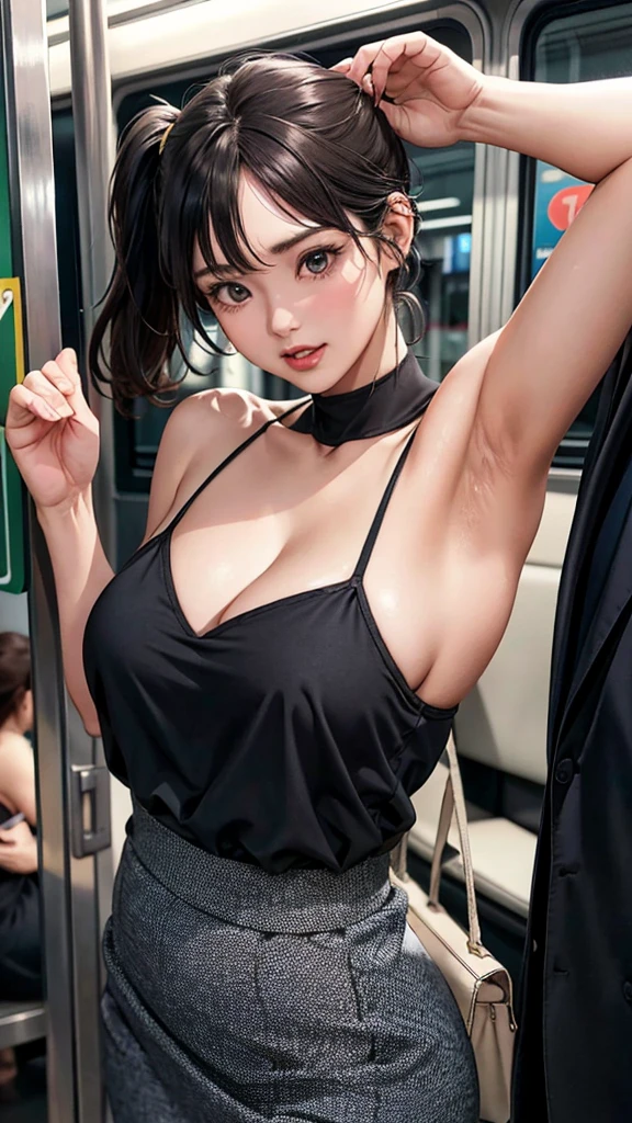(Best quality at best, 8K, 32K, tmasterpiece, hyper HD: 1.2), depth of fields: 1.2, Black smoke: 1.1, Cute Japan Woman Picture, Little woman, 20yr old, Beautiful and perfect face, short detailed hair, pony tails, with short brown hair, beauitful face, Elongated: 1.2, small: 1.2, Complicated details, SENSE OF CINEMA,the shy, Panicked face, with her mouth open,Pleasant expression, cow boy shot, Composition with no faces visible except for women, lookingat, Embarrassing: 1.2, Crowded trains: 1.37, Squeeze: 1.37, The focus on the armpits, long skirt, Thin fabric, Tong, Mekosuji, The crotch opens, The are very prominent, Clothes that show cleavage, exposed from the side, Exposing armpits, of the navel, (Being harassed, Surrounded by tall men on a crowded train, body in intimate contact with men, Male puts hands on lower body, Subdued by a man, covered lift, skirt lift: 1.1), (beautiful slip: 0.9)