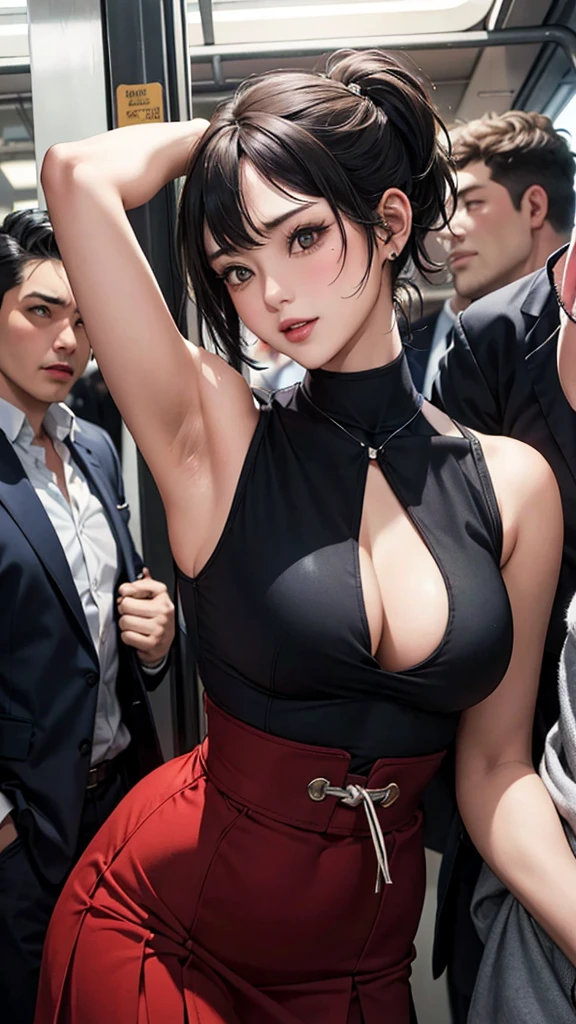 (Best quality at best, 8K, 32K, tmasterpiece, hyper HD: 1.2), depth of fields: 1.2, Black smoke: 1.1, Cute Japan Woman Picture, Little woman, 20yr old, Beautiful and perfect face, short detailed hair, pony tails, with short brown hair, beauitful face, Elongated: 1.2, small: 1.2, Complicated details, SENSE OF CINEMA,the shy, Panicked face, with her mouth open,Pleasant expression, cow boy shot, Composition with no faces visible except for women, lookingat, Embarrassing: 1.2, Crowded trains: 1.37, Squeeze: 1.37, The focus on the armpits, long skirt, Thin fabric, Tong, Mekosuji, The crotch opens, The are very prominent, Clothes that show cleavage, exposed from the side, Exposing armpits, of the navel, (Being harassed, Surrounded by tall men on a crowded train, body in intimate contact with men, Male puts hands on lower body, Subdued by a man, covered lift, skirt lift: 1.1), (beautiful slip: 0.9)