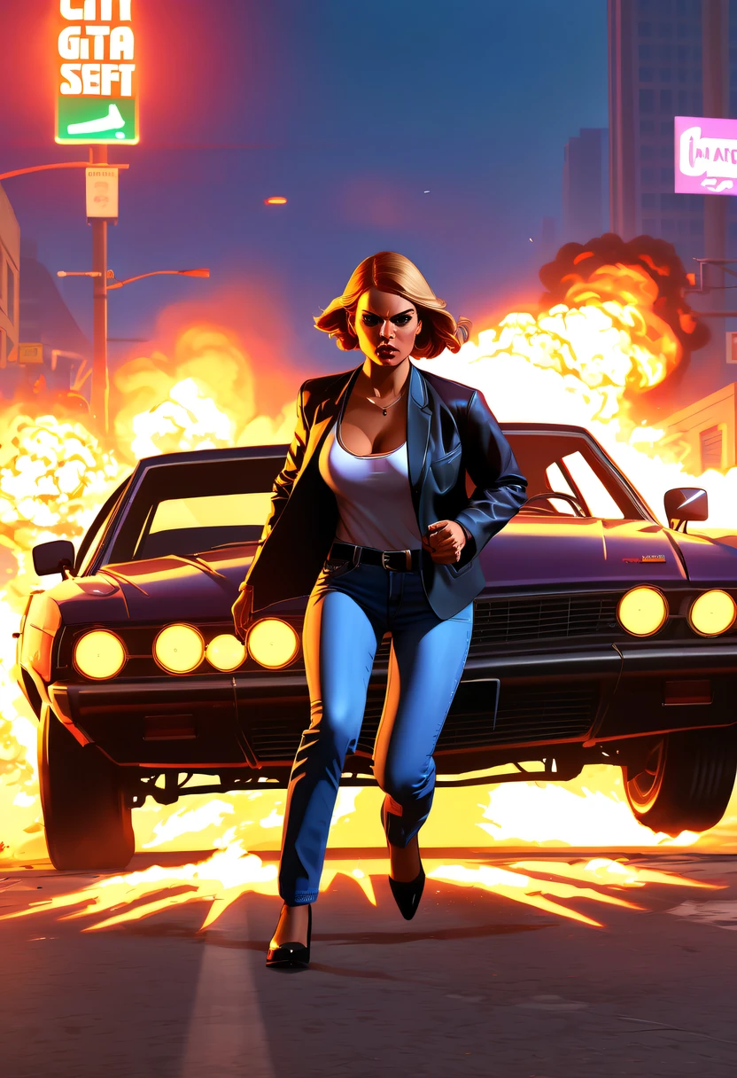 (girl:1.5) ,A girl escapes an explosion,(GTA STYLE:1.5),Burning car,There are gunshots everywhere,City lights are bright at night,Reflection of neon lights on car windshield,traffic chaos, Hasty, intense chase scene, Cinematic action, Streets at night, high speed pursuit, endangered, the last Stand, epic showdown, Наматичный, exciting ending, stunning  visuals, Immersive atmosphere, Detailed car model, Realistic game engine, Harsh environment, Dynamic camera angles, Dynamic lighting effects, Realistic gunshots, dramatic music,