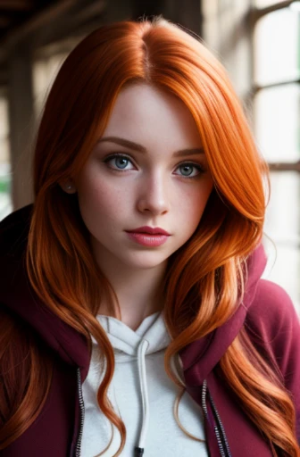 photo of a 25 years old irish girl, RAW, beautiful ginger woman, (long red messy hair), ((full body)), ((detailed face:1.2)), ((detailed facial featureinely detailed skin), pale skin, freckles, hoodie cute, indoor environment, (cold colors), damp, moist, reflectionasterpiece) (perfect proportion)(realistic photo)(best quality) (detailed) photographed on a Canon EOS R5, 50mm lens, F/2.8, HDR, (8k) (wallpaper) (cinematic lighting) (dramatic lighting) (sharp focus) (intricate) fashion, Hazel Brooks