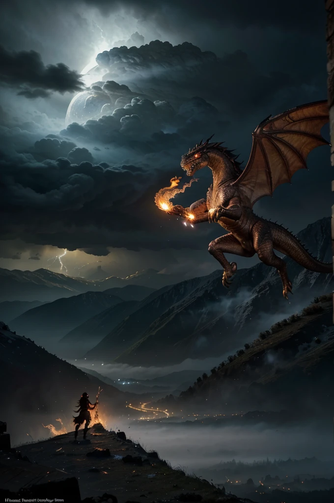 highres,masterpiece:1.2,ultra-detailed,realistic,fierce dragons,fierce fighting,fire-breathing,sharp claws,wings,scaly skin,twisting and turning,roaring,dynamic movement,self-defense,smoke and flames,dark and intense colors,mythical creatures,epic battle scene,fantasy,action-packed,mythology,ancient legends,lush and detailed landscape,moonlit night,raging storm,clashing forces,energy and power,awe-inspiring,strength and might,majestic presence,ancient ruins in the background,mysterious atmosphere
