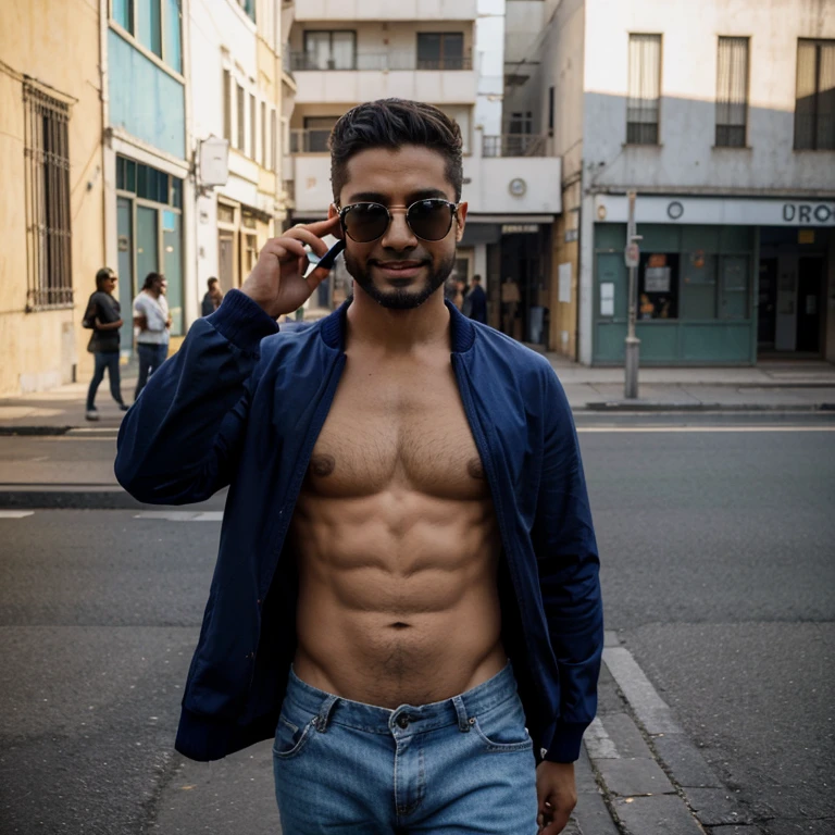 Perfect centralization, gatinho caramelo bonito, Usando uma jaqueta indigo, wearing sunglass, Usando fones de ouvido, alegria, Standing position, beleza abstrata, Centrado, looking at the camera, Facing the camera, Approaching perfection, Dynamic, altamente detalhado, liso, foco nítido, 8k