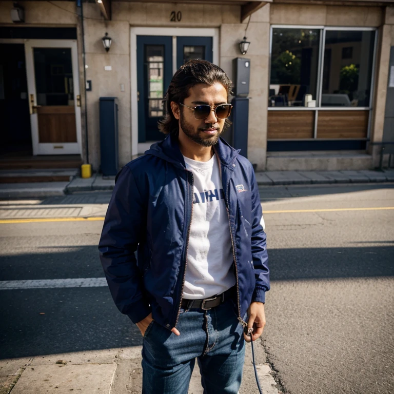 Perfect centralization, gatinho caramelo bonito, Usando uma jaqueta indigo, wearing sunglass, Usando fones de ouvido, alegria, Standing position, beleza abstrata, Centrado, looking at the camera, Facing the camera, Approaching perfection, Dynamic, altamente detalhado, liso, foco nítido, 8k