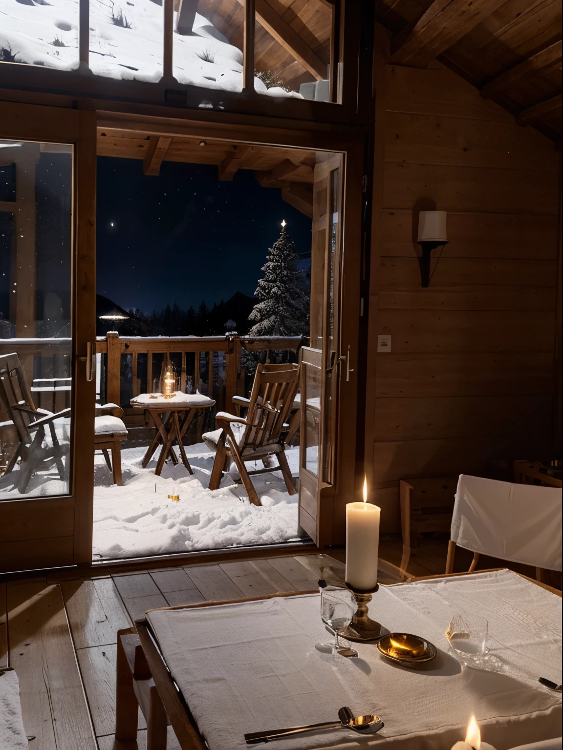 Chalet de l'interior with a fenêtre or l'on voit de la neige. il fait nuit. Il y a des bougies et du champagne