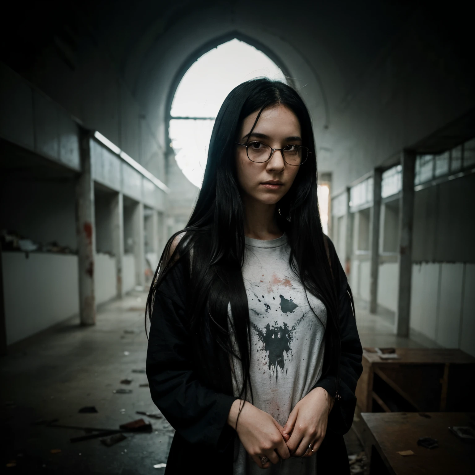 Draw a girl with long black hair, hugging her legs and she is wearing cracked glasses, she is bloody, and she has a ghostly aura and looks at the camera eerily and creepily and her clothes are baggy, bloody and torn