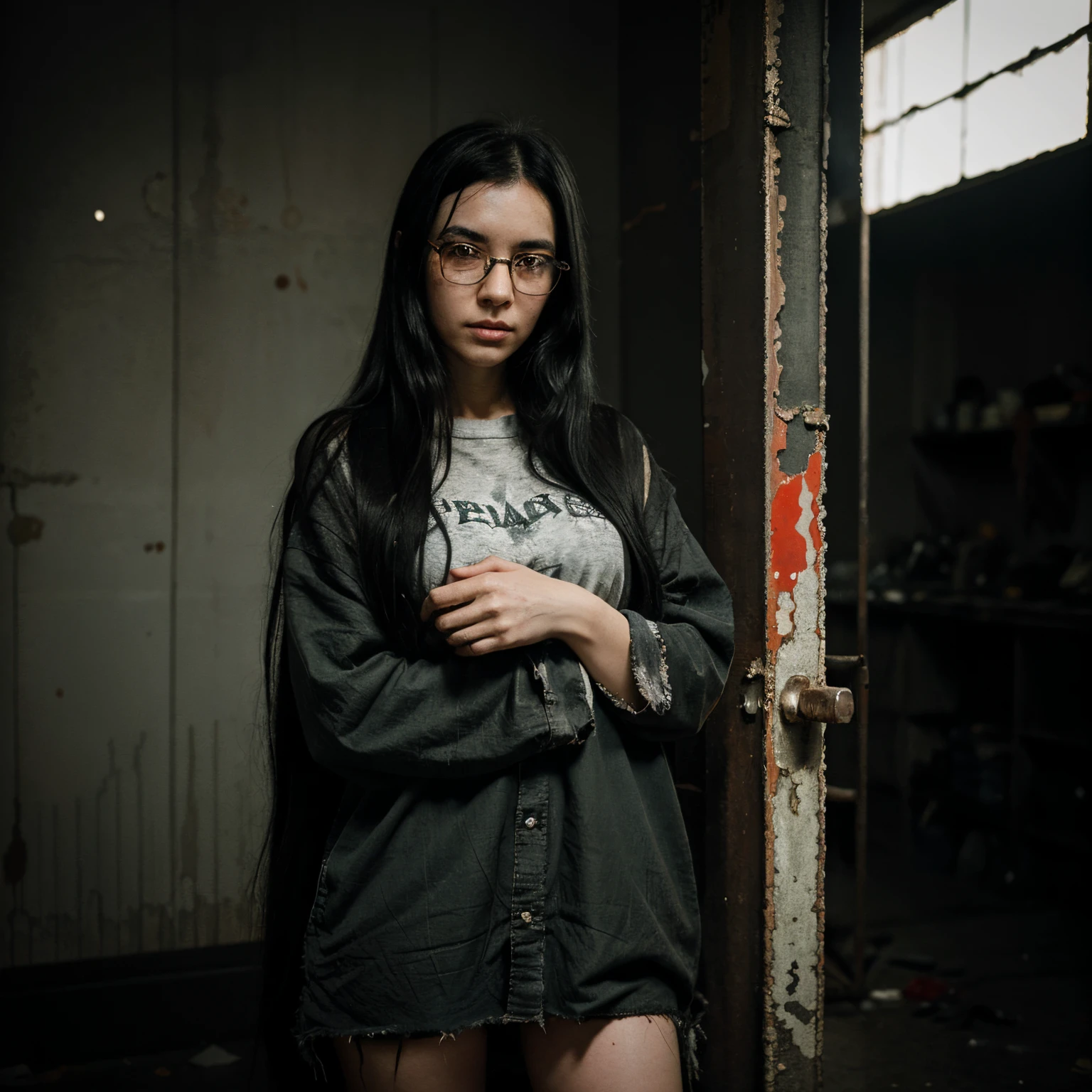 Draw a girl with long black hair, hugging her legs and she is wearing cracked glasses, she is bloody, and she has a ghostly aura and looks at the camera eerily and creepily and her clothes are baggy, bloody and torn