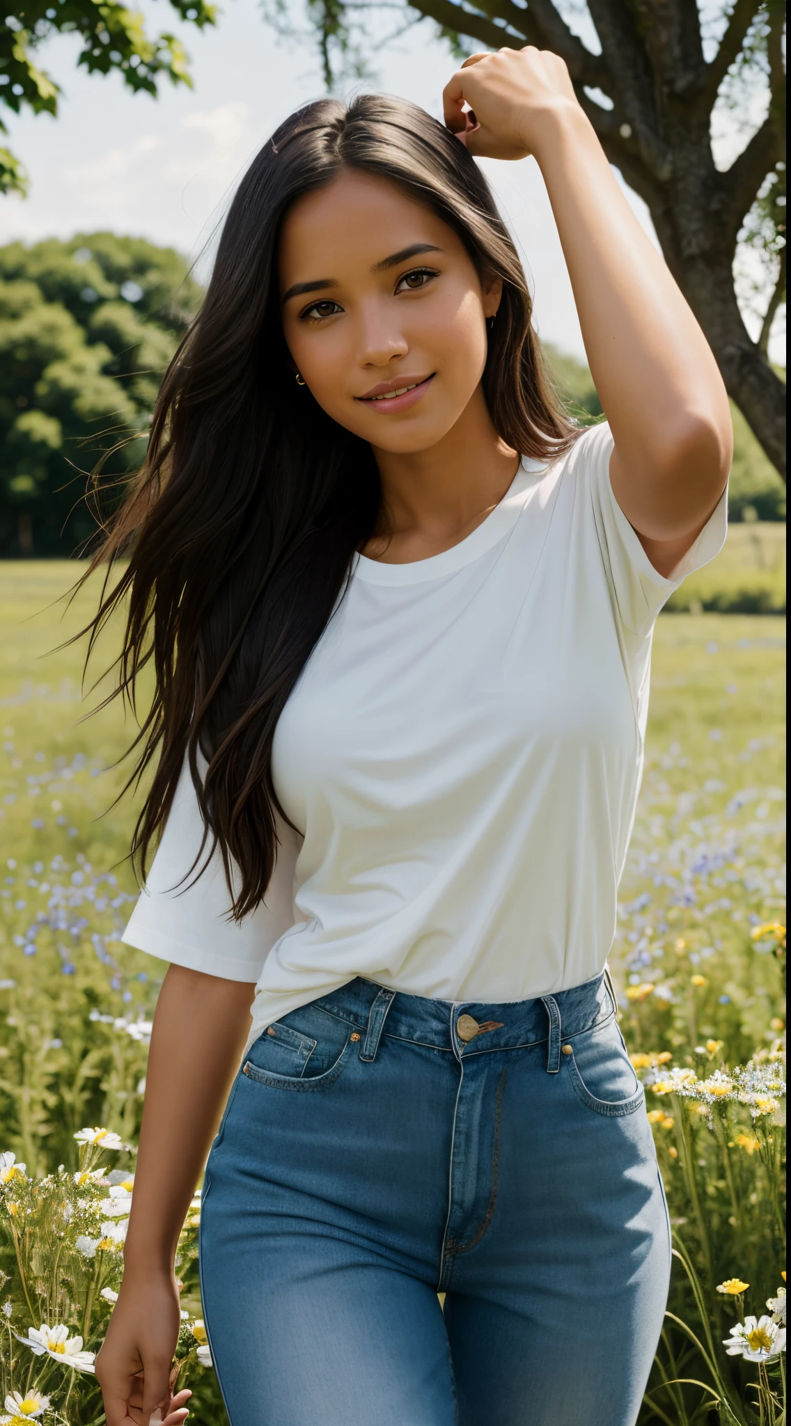 Foto hiperrealista en primer plano de Naomi Campbell, masterpiece, best quality, (photorealistic:1.4), full body, (white oversize male t-shirt:1.1), (blue jeans:1.2), woking on the flowery meadow, summer day, cinematic light, beautiful woman, skinny, medium breasts, black long hair, detailed face, smile, facing the camera, photo taken from a distance, age of 14 years old