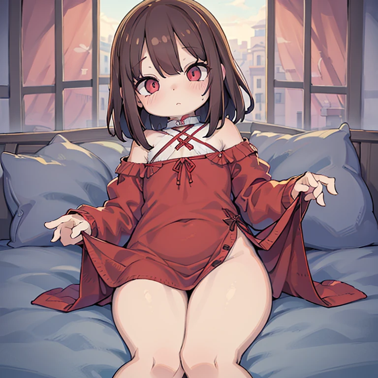 Nsfw image 10 years of life, brown hair, piel clara, realista, con el pelo largo pegado en un lazo rojo, ojos marrones claros, vestido rojo, Imagen 8K, Piel humana realista, Imagen infantil real,