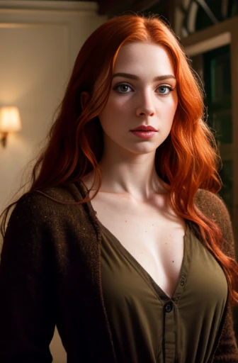 photo of a 25 years old irish girl, RAW, beautiful ginger woman, (long red messy hair), ((full body)), ((detailed face:1.2)), ((detailed facial featureinely detailed skin), pale skin, freckles, blouse, indoor environment, (cold colors), damp, moist, reflectionasterpiece) (perfect proportion)(realistic photo)(best quality) (detailed) photographed on a Canon EOS R5, 50mm lens, F/2.8, HDR, (8k) (wallpaper) (cinematic lighting) (dramatic lighting) (sharp focus) (intricate) fashion, Hazel Brooks