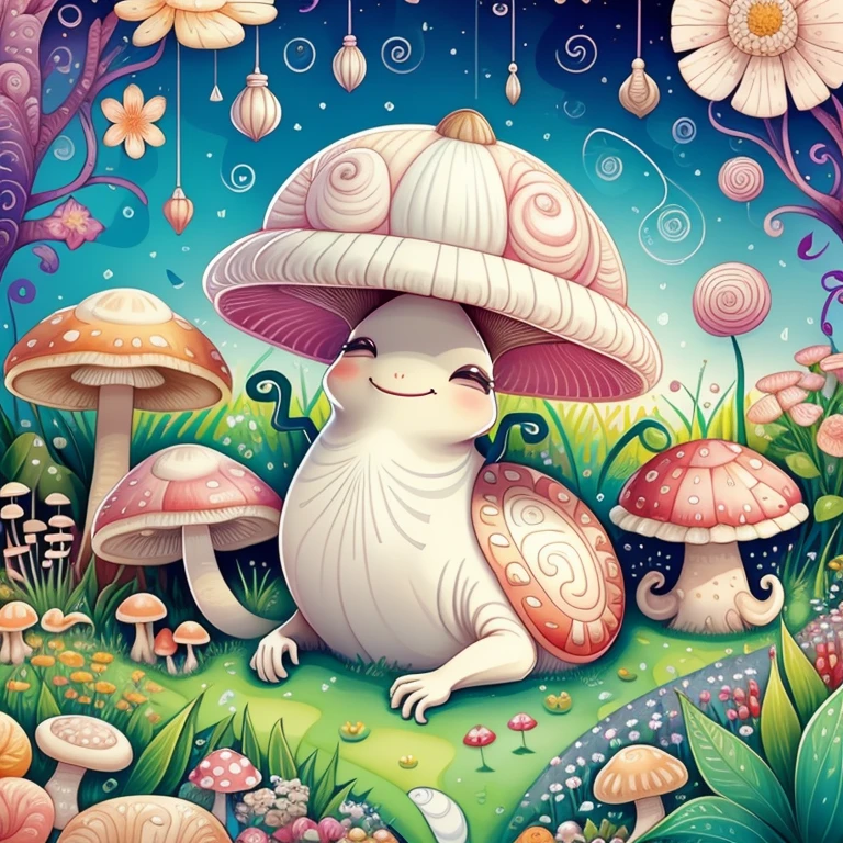 (cute snail smiling in a beautiful garden with flowers and mushrooms) Munchkin ,Geometric multidimensional wall portrait, livro de arte, Tchibi,
Yang08k, Beautiful, Colouring,
Obras, of the highest quality, best quality, Arte Oficial, Beautiful and Aesthetic,