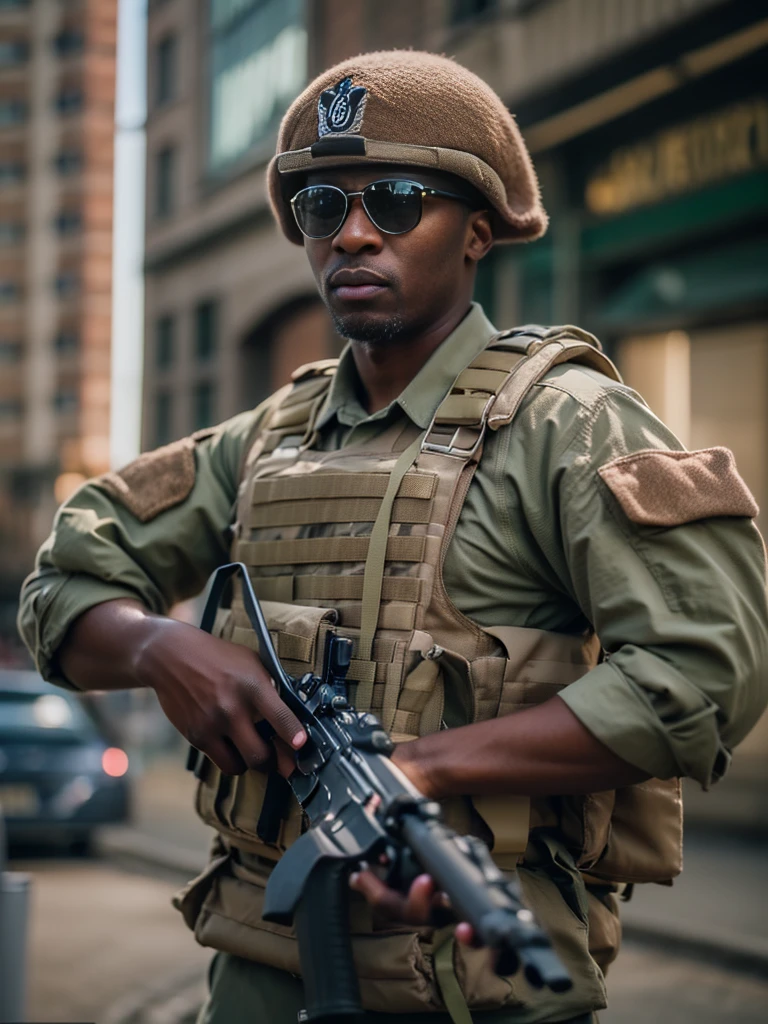 An incredibly detailed and hyper-realistic photograph featuring a african Military man in his military uniform. Detailed, with his rifle in a cityscape. He depicted in a dynamic pose, standing on the city street and strikingly detailed, symmetrical brown eyes. The photograph captures an apocalyptic ambiance with exquisite attention to detail. Shot with a 30-megapixel Canon EOS 5D Mark IV DSLR camera using a crisp 85mm lens at f/8, ISO 100, and a shutter speed of 1/125, it boasts a long exposure time and diffuse-backlighting technique.