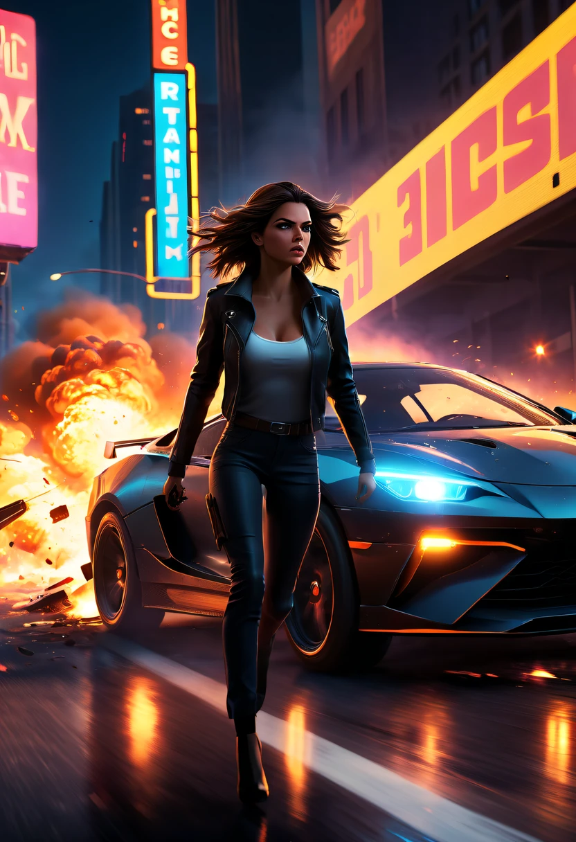 A girl escapes an explosion in a car,Burning car,There are gunshots everywhere,City lights are bright at night,Reflection of neon lights on car windshield,traffic chaos, hasty, intense chase scene, Cinematic action, Night streets, high speed pursuit, on the verge of danger, the last Stand, epic showdown, dramatic climax, exciting ending, stunning visuals, Immersive atmosphere, Detailed car model, Realistic game engine, tough environment, Dynamic camera angle, Dynamic lighting effects, Realistic gunshots, dramatic music, intense emotions.