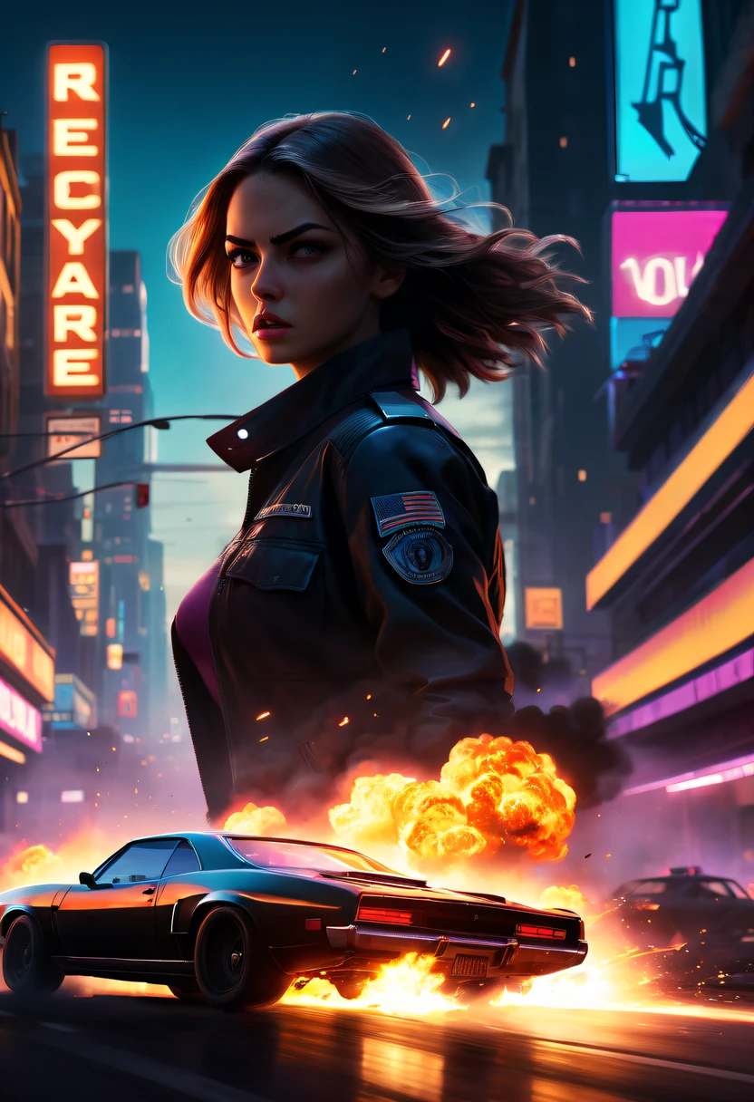 A girl escapes an explosion in a car,Burning car,There are gunshots everywhere,City lights are bright at night,Reflection of neon lights on car windshield,traffic chaos, hasty, intense chase scene, Cinematic action, Night streets, high speed pursuit, on the verge of danger, the last Stand, epic showdown, dramatic climax, exciting ending, stunning visuals, Immersive atmosphere, Detailed car model, Realistic game engine, tough environment, Dynamic camera angle, Dynamic lighting effects, Realistic gunshots, dramatic music, intense emotions.