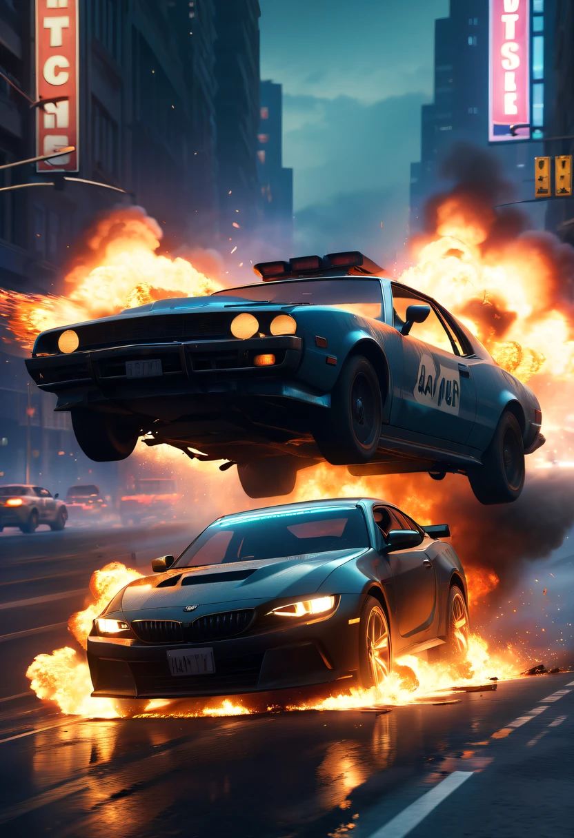 Girl escapes car explosion,Burning car,There are gunshots everywhere,City lights are bright at night,Reflection of neon lights on car windshield,traffic chaos, Hasty, intense chase scene, Cinematic action, Streets at night, high speed pursuit, endangered, the last Stand, epic showdown, Наматичный, exciting ending, stunning visuals, Immersive atmosphere, Detailed car model, Realistic game engine, Harsh environment, Dynamic camera angles, Dynamic lighting effects, Realistic gunshots, dramatic music, intense emotions.