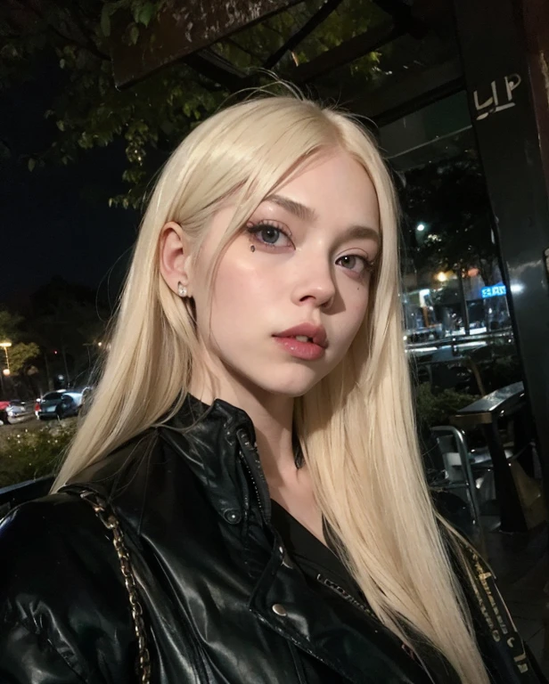 blonde woman with long hair and black leather jacket posing for a picture, ava max, portrait of jossi of blackpink, roseanne park of blackpink, extremely pale blond hair, very very pale blond hair, with long white hair, with white long hair, jossi of blackpink, korean girl, cruel korean goth girl, long blonde hair and big eyes, pale hair