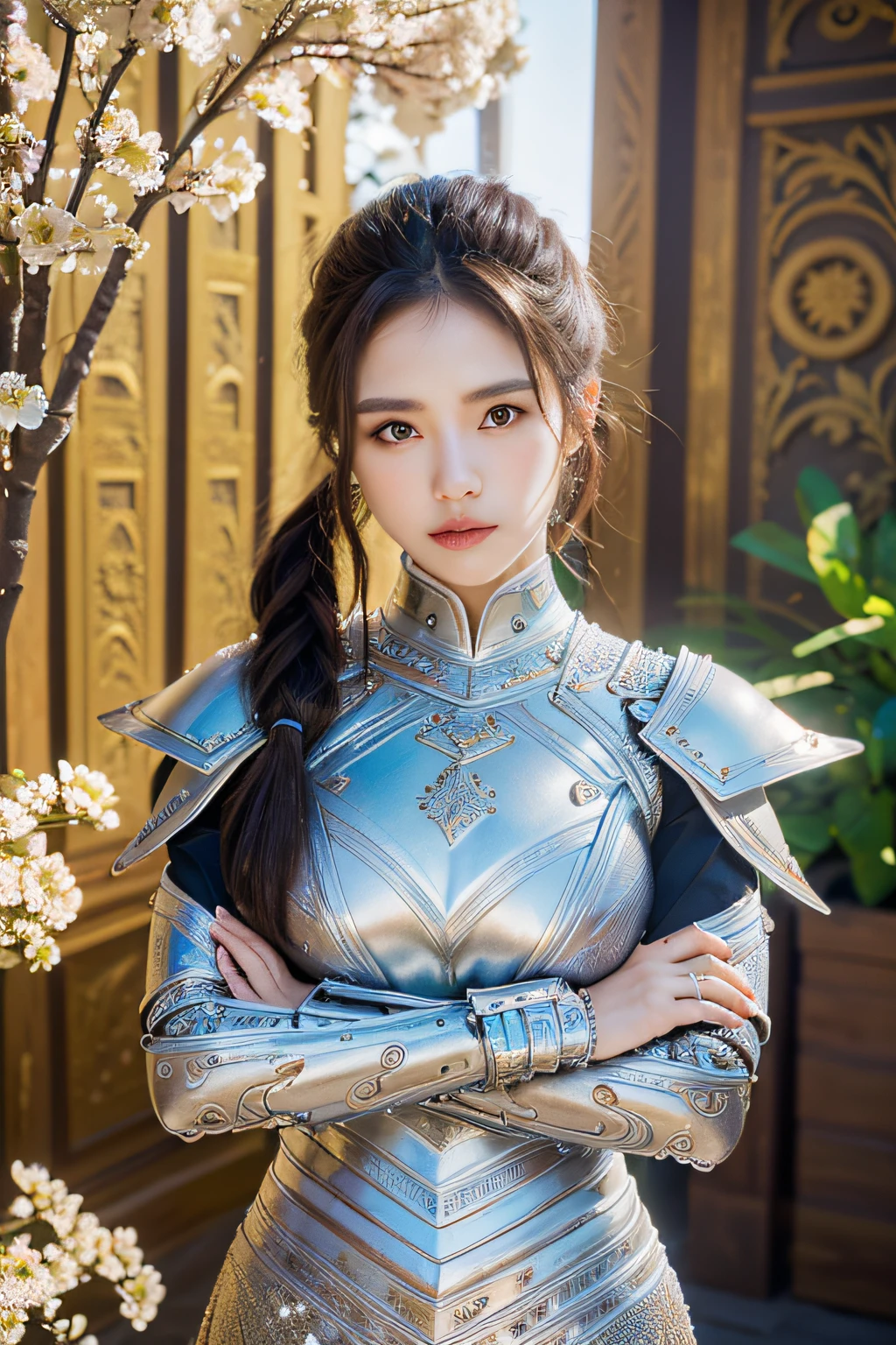 (8K, Best quality:1.2), (tmasterpiece:1.37), (photore, realistically:1.37), (超高分辨率), Half a body, Walking posture, Shooting from front, slow motion, Fully dressed female paladin, (Light silver armor:1.2),(Ornately decorated armor), (The very detailed, full bloom:1.5), (Best quality, Alessandro Casagrande, Greg Rutkoski, Sally Mann, concept-art, 4K), (simulating:1.2), (High- sharpness), (Detailed students:1.1), Detailed face and eyes, tmasterpiece, Best quality, (very detailed photo:1.1), (cabelos preto e longos, pony tails,indulgent:1.1), (Young woman:1.1), Sharp, (perfect body figure:1.1), actual, Real Shadow, 3D, (a temple background:1.2), Photographer crosses arms over chest:Jianan EOS R6, 135mm, 1/1/2.8, ISO 400