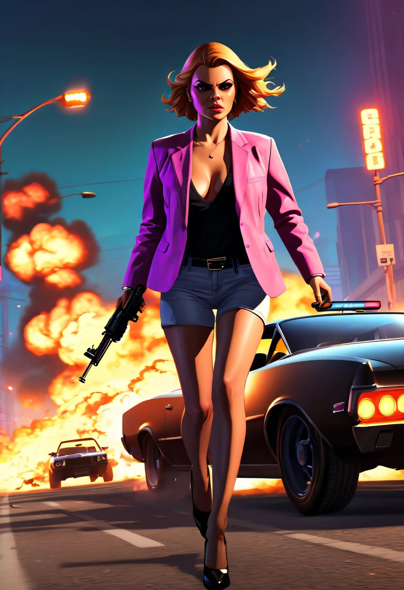 (girl:1.5) ,A girl escapes an explosion,(GTA STYLE:1.5),Burning car,There are gunshots everywhere,City lights are bright at night,Reflection of neon lights on car windshield,traffic chaos, Hasty, intense chase scene, Cinematic action, Streets at night, high speed pursuit, endangered, the last Stand, epic showdown, Наматичный, exciting ending, stunning visuals, Immersive atmosphere, Detailed car model, Realistic game engine, Harsh environment, Dynamic camera angles, Dynamic lighting effects, Realistic gunshots, dramatic music,