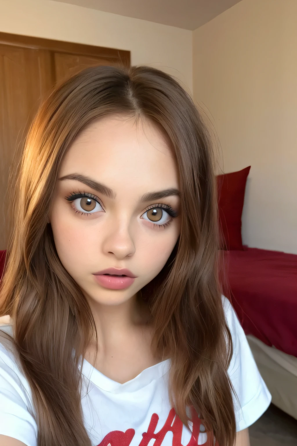 Arafed Mujer con camiseta sin mangas y bragas a juego, Chica sexy con ojos azules, Retrato Sophie Mudd, brown hair and large eyes, selfie de una mujer joven, Camera eyes, Violeta Myers, Sin maquillaje, Maquillaje natural, staring directly into camera, Cara con Artgram, Maquillaje sutil, Gran foto de cuerpo entero, escote, en la cama