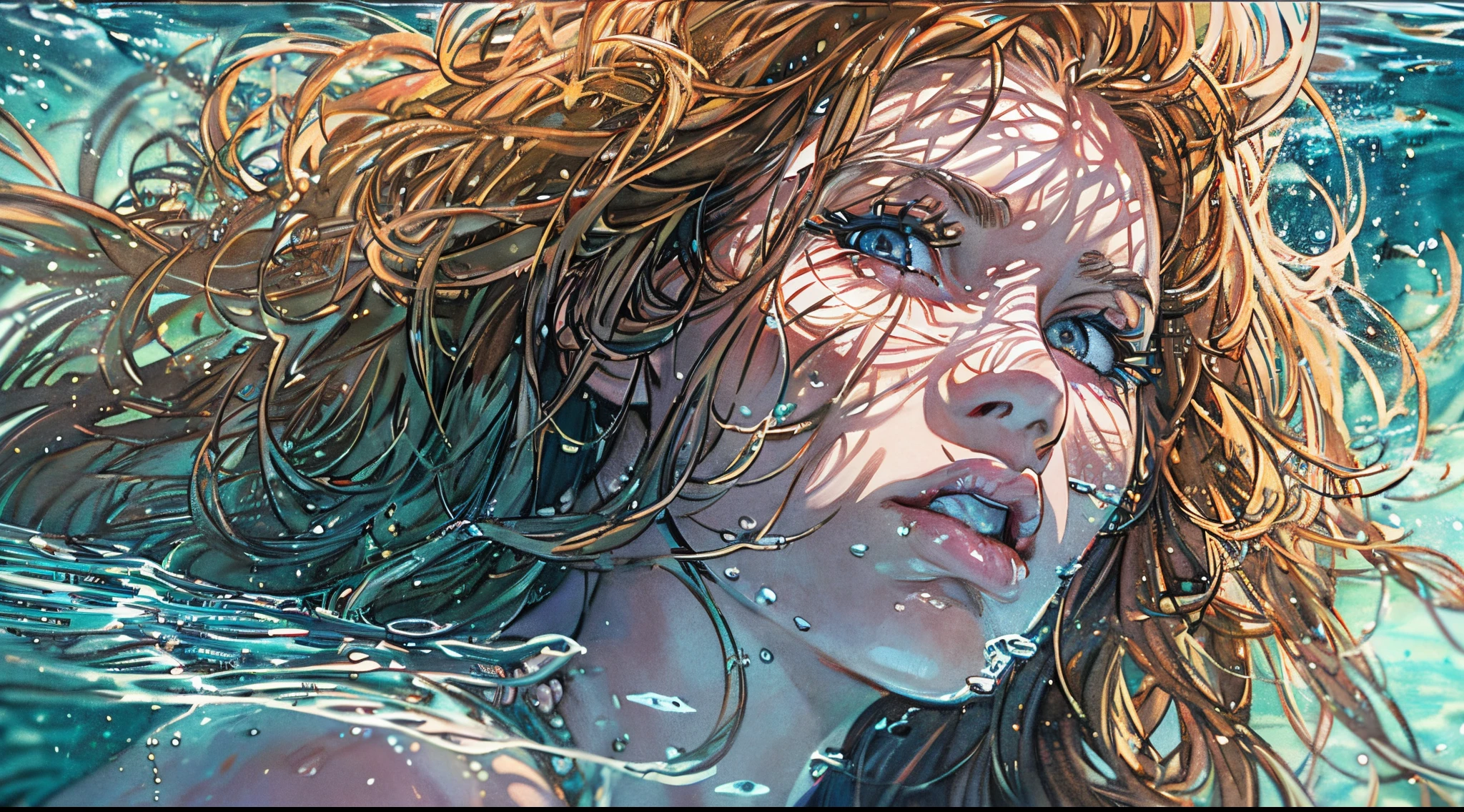 (best quality,4k,cinematic:1.2), 1cavewoman, swimming underwater, topless, (detailed face, detailed eyes, detailed lips), close view, dynamic pose, profile left, horizontal orientation, watercolor