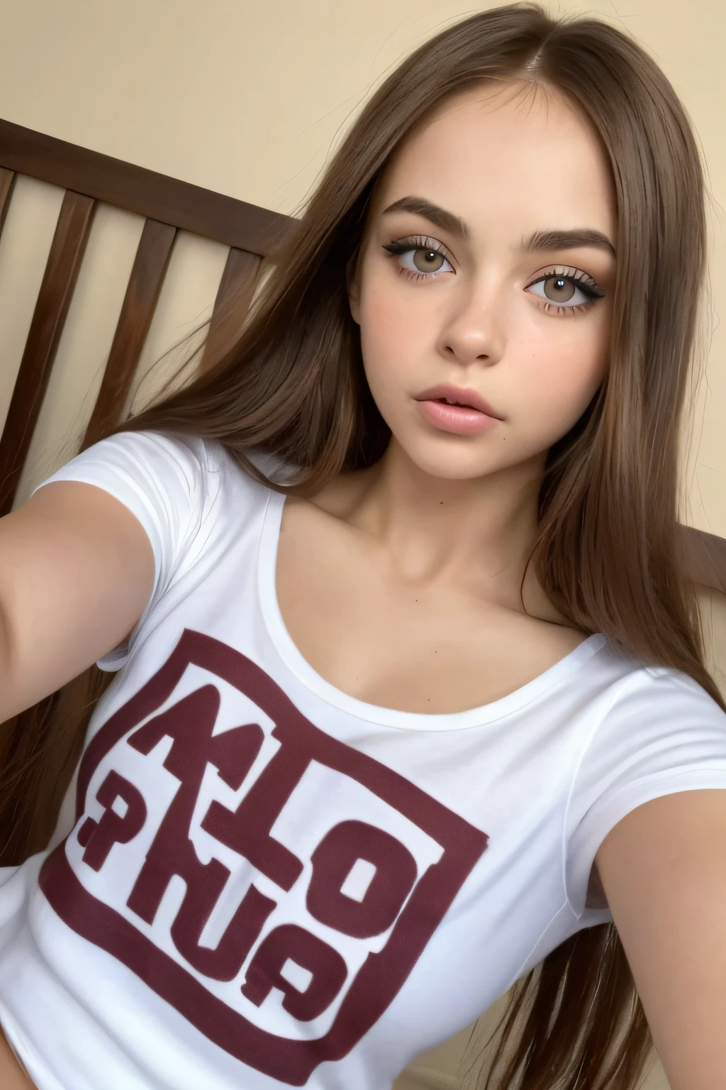 Arafed Mujer con camiseta sin mangas y bragas a juego, Chica sexy con ojos azules, Retrato Sophie Mudd, brown hair and large eyes, selfie de una mujer joven, Camera eyes, Violeta Myers, Sin maquillaje, Maquillaje natural, staring directly into camera, Cara con Artgram, Maquillaje sutil, Gran foto de cuerpo entero, escote, en la cama