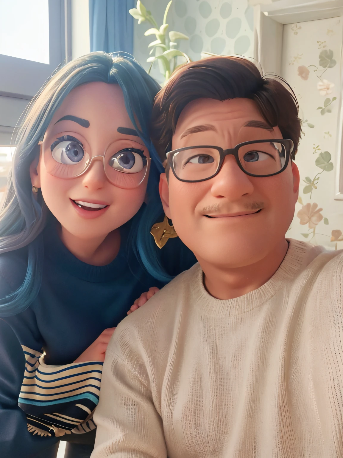 Please create a Disney Pixar style cartoon of this couple based on the photo provided. Thank you.