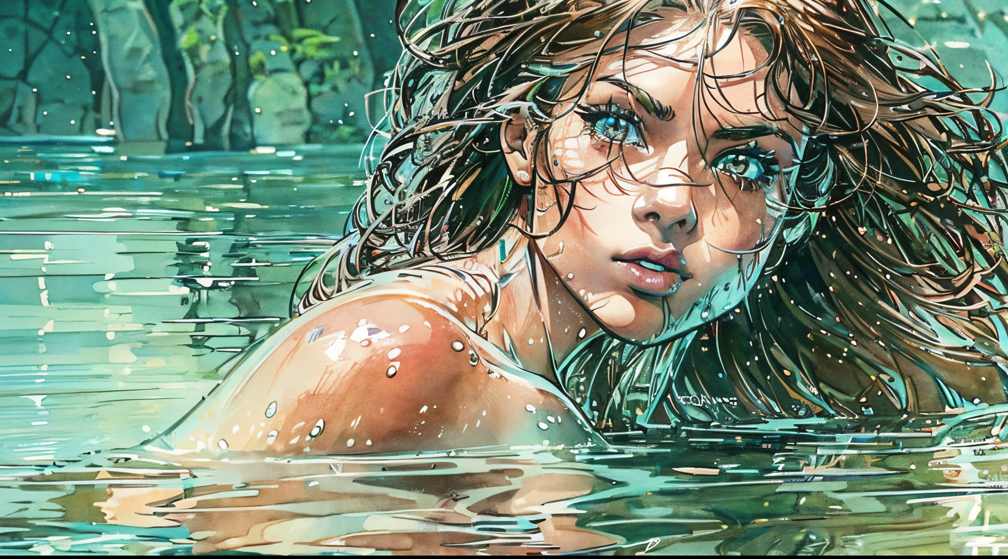 (best quality,4k,cinematic:1.2), 1cavewoman, swimming underwater, topless, (detailed face, detailed eyes, detailed lips), close view, full body view, dynamic pose, profile left, horizontal orientation, watercolor