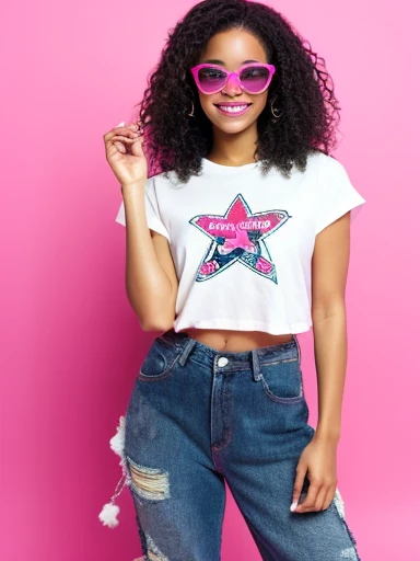 Mulher negra,robotical,olhando para frente,wearing cat eye glasses,wearing jeans,pink ALL star sneakers,sorrindo