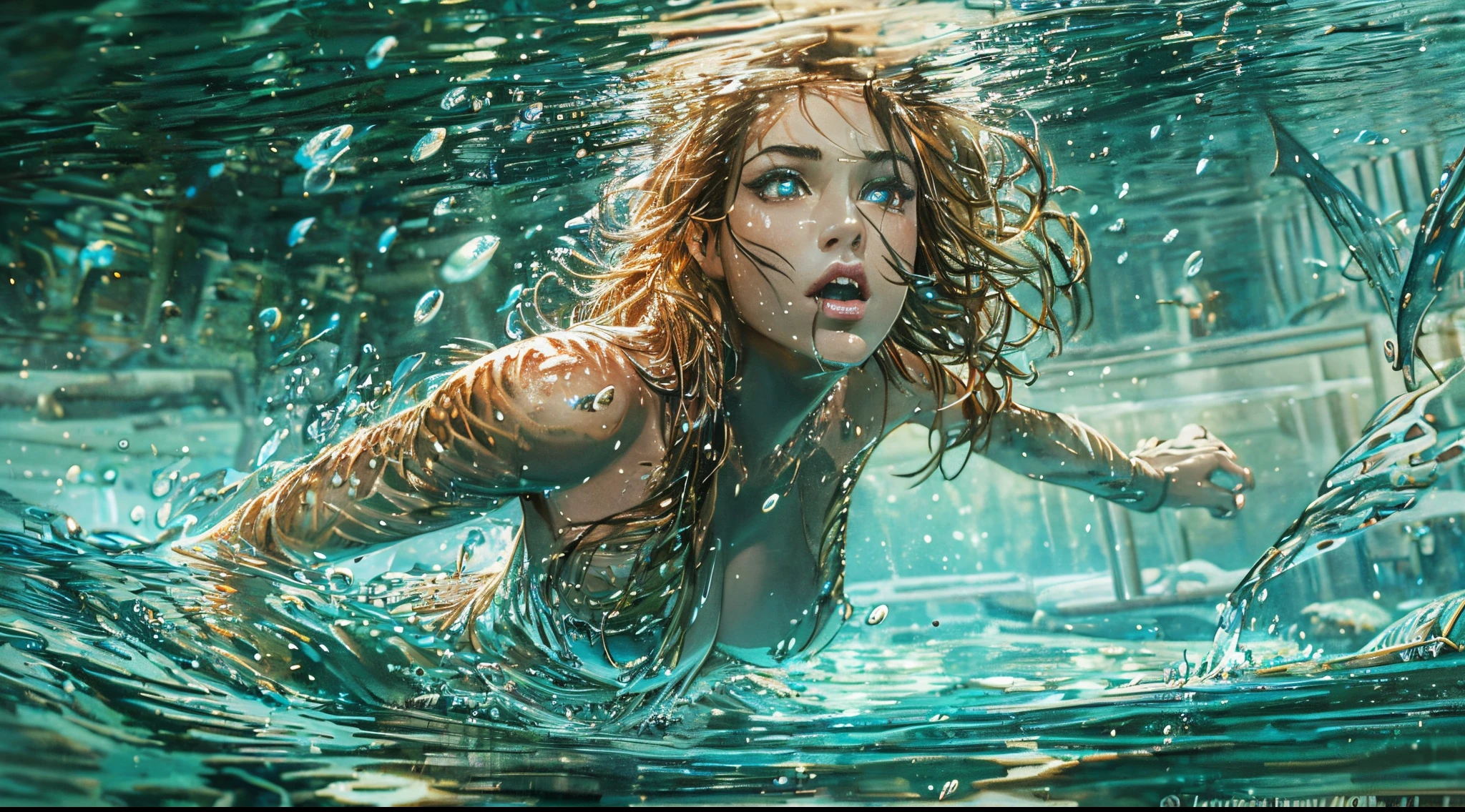 (best quality,4k,cinematic:1.2), 1cavewoman, swimming underwater, topless, (detailed face, detailed eyes, detailed lips), close view, full body view, dynamic pose, profile left, horizontal orientation, watercolor