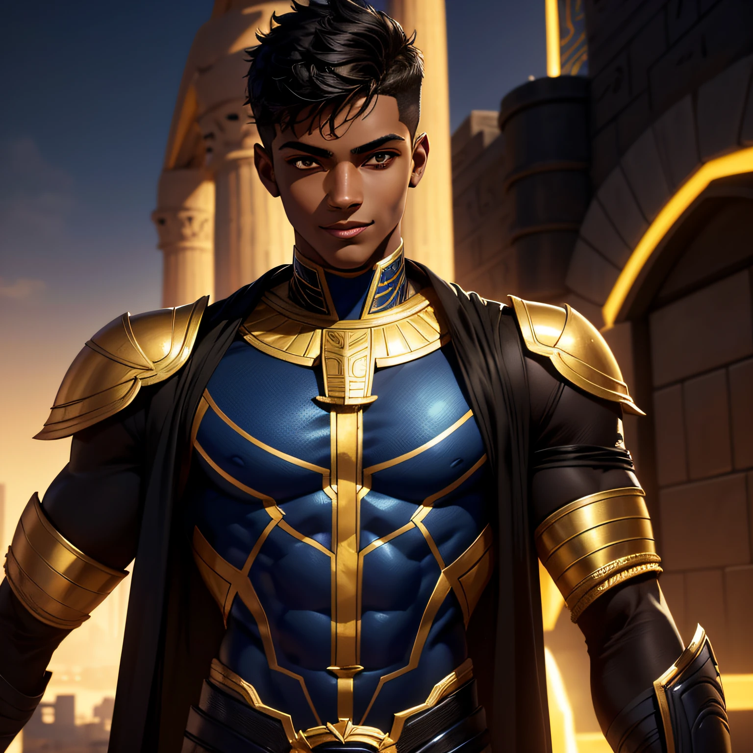 A garçon égyptien de 17 ans with a garçon appearance, peau brune, yeux noirs aussi sombres que la nuit, Cheveux courts légèrement en désordre couleur black, portant un costume de super-héros de style anubis de couleur bleu et or, [maigre:musculaire:0.3], Des yeux bienveillants, slightly smiling, digital art, Masterpiece, highly quality