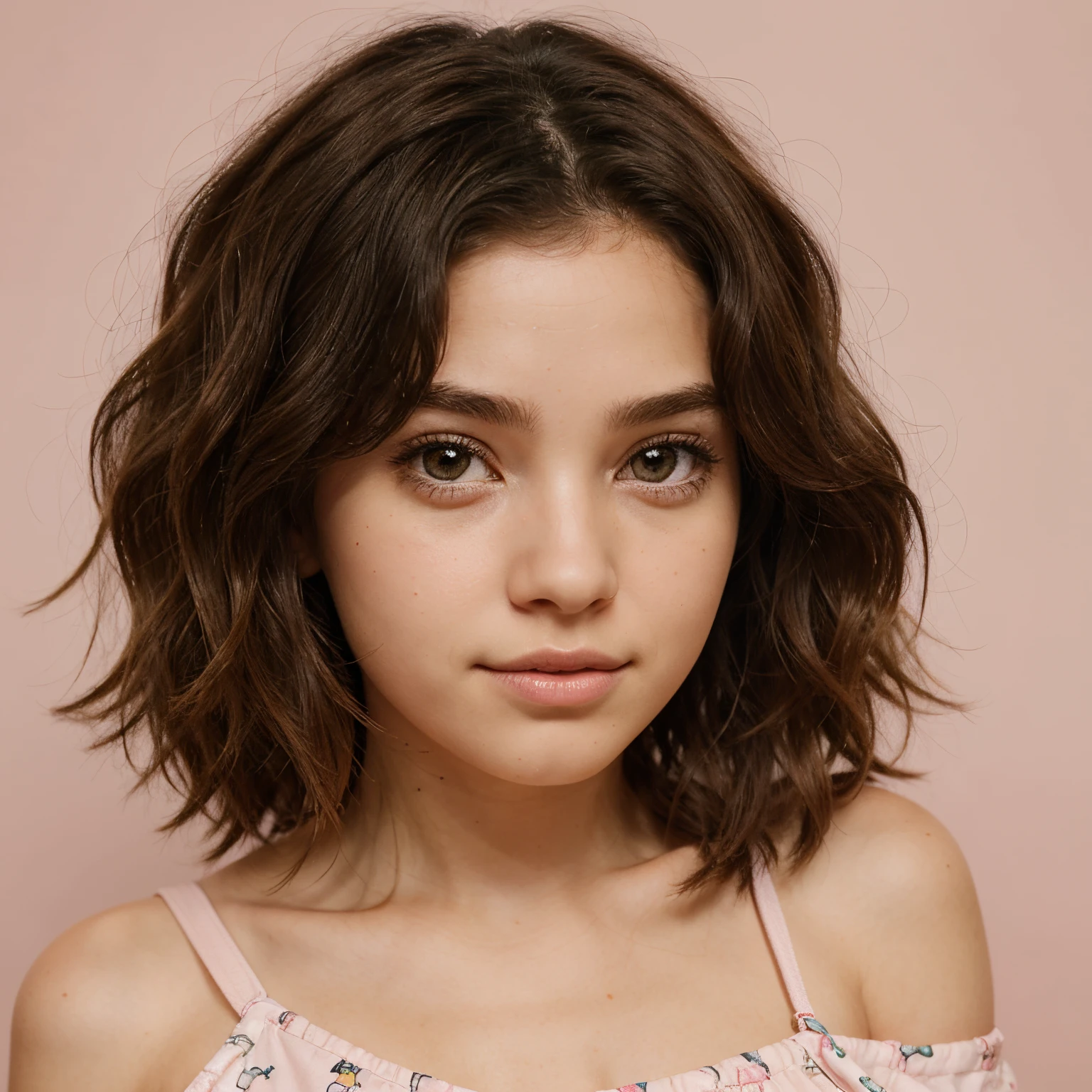 Cute cartoonish art style featuring a girl with wavy hair that goes down to her shoulders, brown eyes, her favorite color is pink