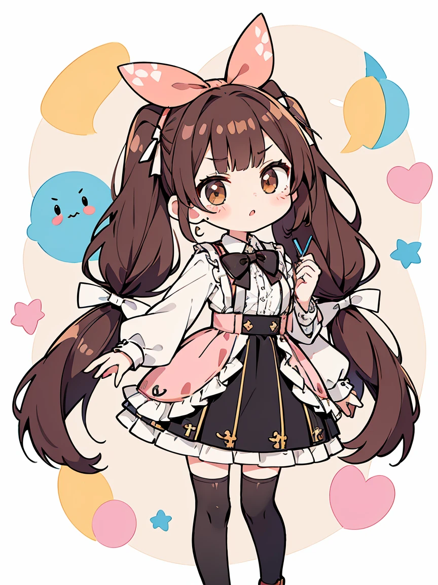 1个Giant Breast Girl, full bodyesbian,sitted,from below, (Beautiful and detailed white gloves,nun hoodie,Nun uniform, sockrown hair,Long hair style with bangs and double ponytails,Wearing a purple bow on the head))),large perfect eyes, character  design,((Pupils in pink color)),cute anime face, kawaii , stylized anime, Anime cute art style, 详细的脸,8K,k hd,little shy smile,Blushing with joy,Neat face, (tmasterpiece,Best quality at best)