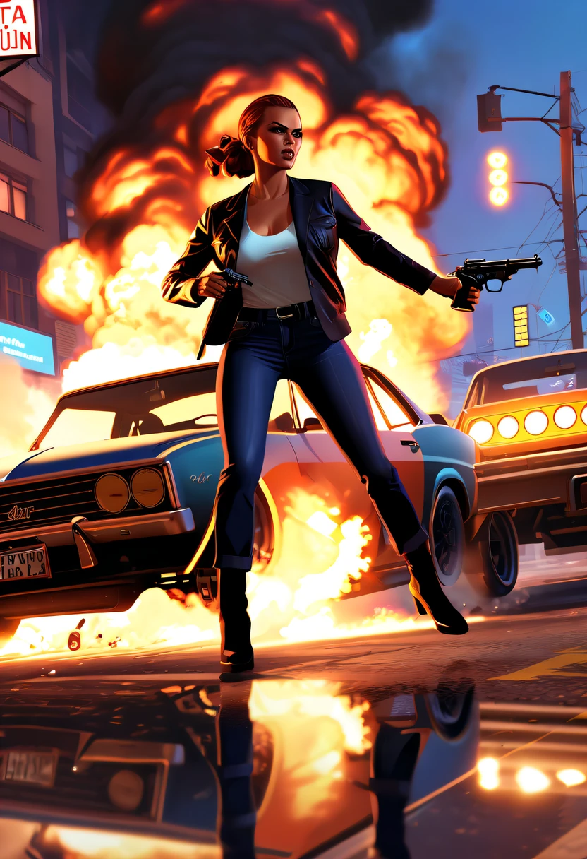(girl:1.5) ,A girl escapes an explosion,(GTA STYLE:1.5),Burning car,There are gunshots everywhere,City lights are bright at night,Reflection of neon lights on car windshield,traffic chaos, Hasty, intense chase scene, Cinematic action, Streets at night, high speed pursuit, endangered, the last Stand, epic showdown, Наматичный, exciting ending, stunning visuals, Immersive atmosphere, Detailed car model, Realistic game engine, Harsh environment, Dynamic camera angles, Dynamic lighting effects, Realistic gunshots, dramatic music,