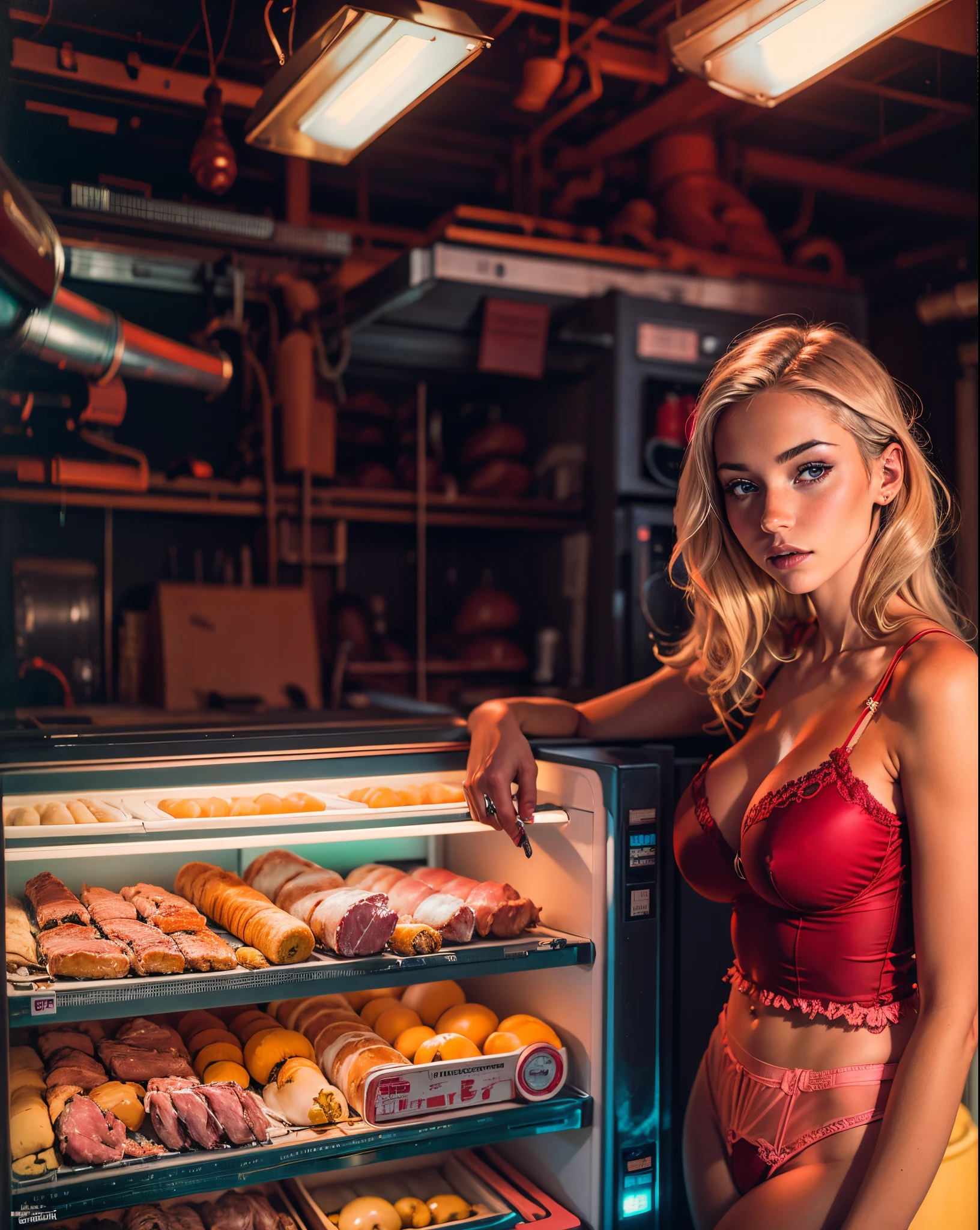 analogue photo, young blonde woman, (((big boobs))), ((meat production factory refrigerator)), (((micro lingerie))), (neon lights red blue and yellow lights), slim body, ((model pose)), supermodel, masterpiece, eye level, Kodak Funsaver, Porta 160, 20mm, bokeh, in the style of Nan Goldin, textured, distressed, ((vintage)), edgy, noisy, high contrast, ralistic, ultrarealistic, 4k, hyperreal