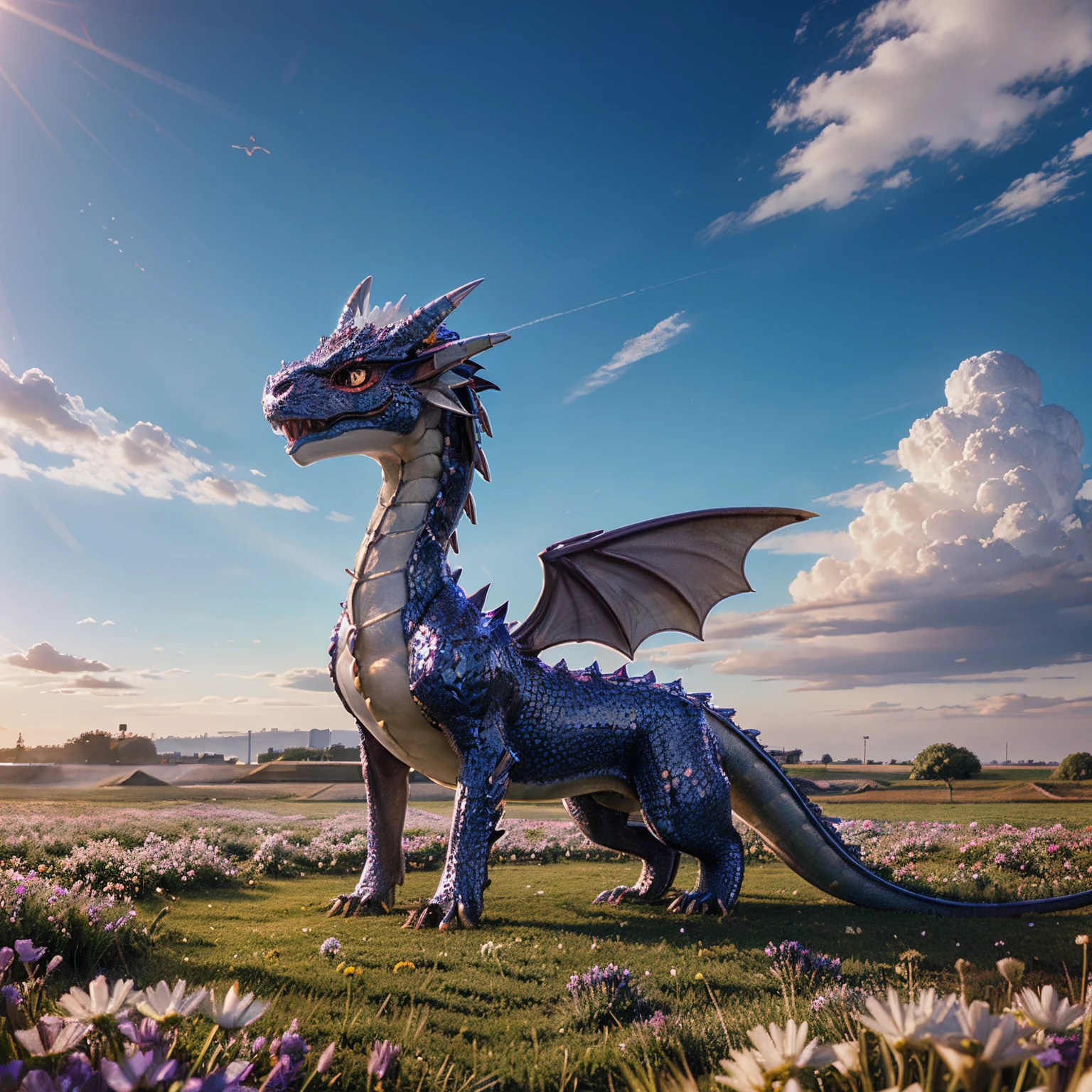 Field of flowers made of crystal, little diamond anime dragon in the sky, realistic