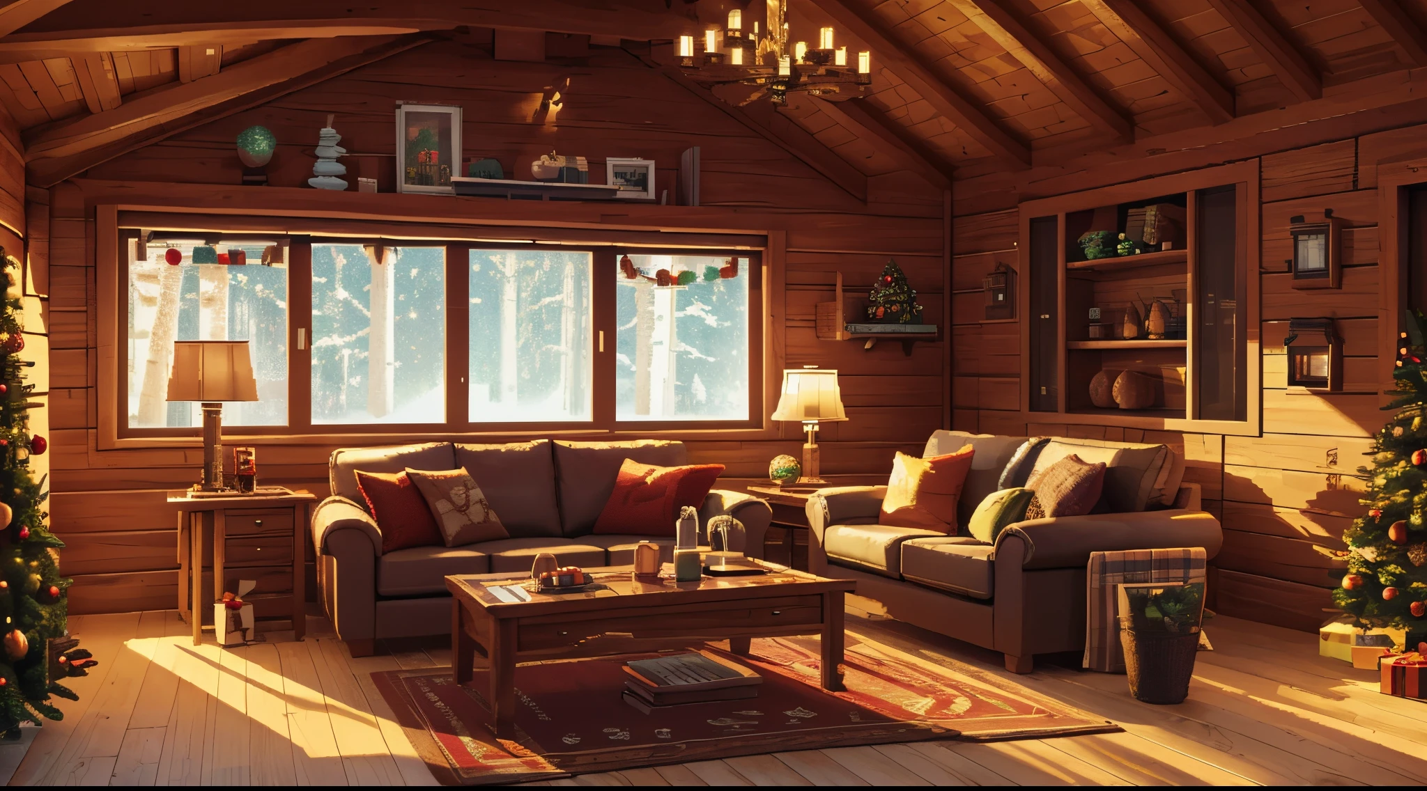 a pixel art of a iluminateed wood cabin living room at Christmas time, day time, white global illumination, no darkness, living room without coffee table in cente