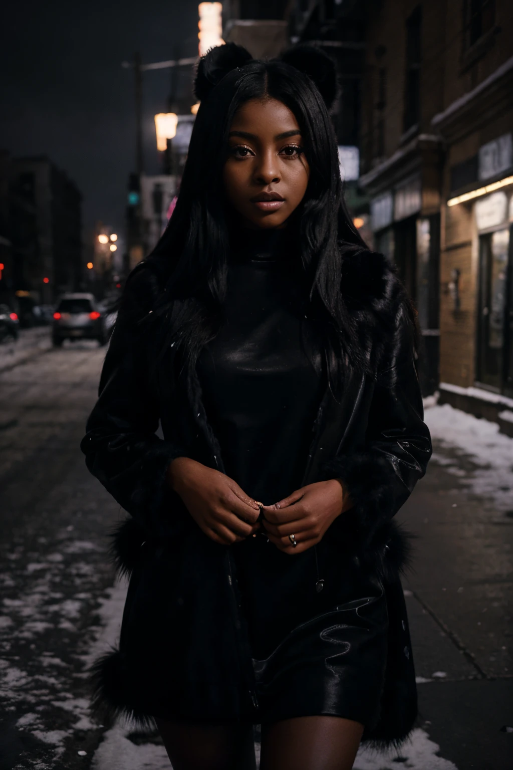 painting of singer justine skye with long straight black hair, wearing a black chinchilla fur coat, she's wearing a dress, on a dark street in the Bronx at night, it's snowing, highly dynamic, hyperreal, wide shot, sharp focus, 8k photo, dark moody aesthetic, deep shadows