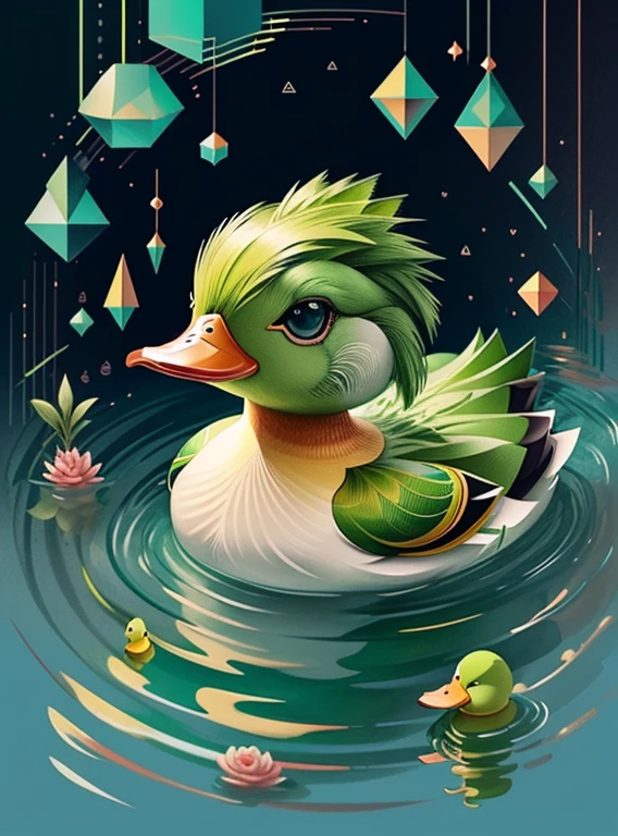 (cute green duck smiling in a beautiful lake) Munchkin ,Geometric multidimensional wall portrait, livro de arte, Tchibi,
Yang08k, Beautiful, Colouring,
Obras, of the highest quality, best quality, Arte Oficial, Beautiful and Aesthetic,