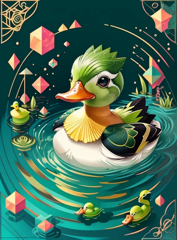(cute green duck smiling in a beautiful lake) Munchkin ,Geometric multidimensional wall portrait, livro de arte, Tchibi,
Yang08k, Beautiful, Colouring,
Obras, of the highest quality, best quality, Arte Oficial, Beautiful and Aesthetic,