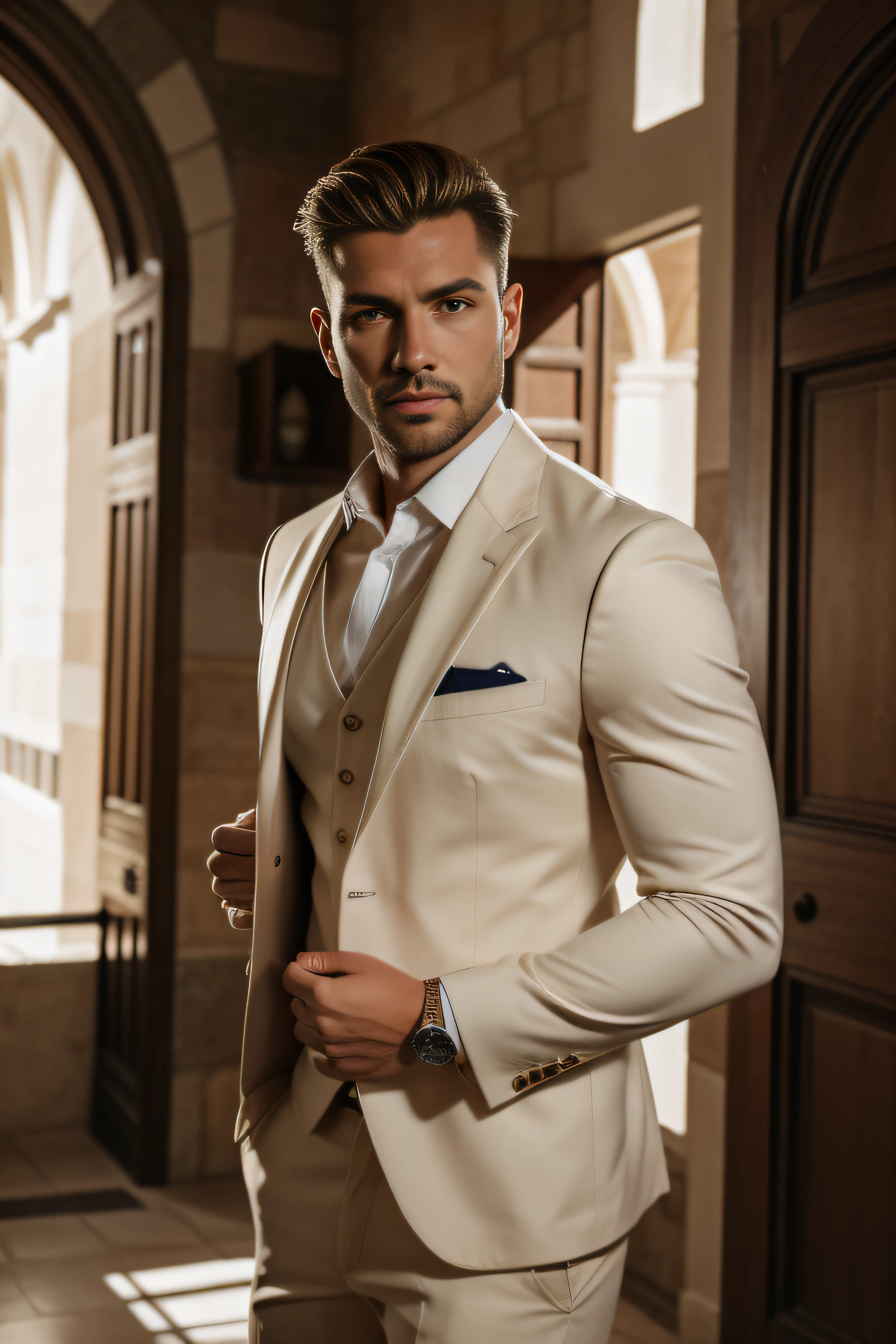 tiro completo,(simetry),centrado, A brutal blonde athletic construction from a real man, with the backdrop of a medieval castle and a Ferrari car in front of the front door, Un hombre blanco fuerte con cabello corto, Wearing a classic three-piece suit, 35 mm,piel natural,Detalle de la ropa, textura 8k, 8k, Detalles locos, Detalles intrincados, hiperdetalladoMuy detallado,realista,soft cinematic light,HDR,foco nítido, ((((cinematic look)))),intrincado, elegante, Altamente detallado,Estilo Carlos San Dominguez ,hiperfotorrealismo