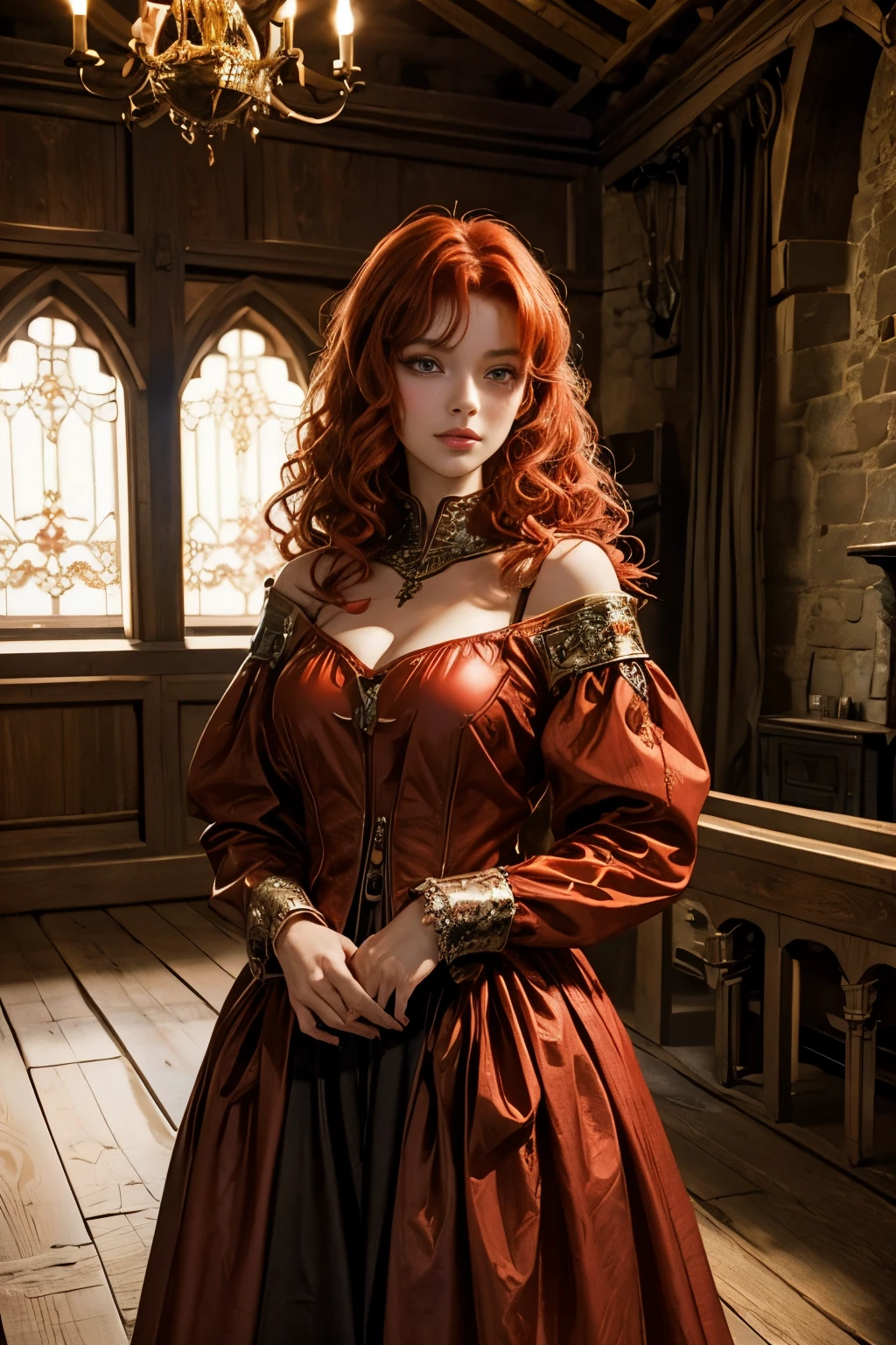 Beautiful girl, 19 years, slim body, curly red hair, sexy, wearing a cute medieval dress, shy face, in a fancy medieval castle room